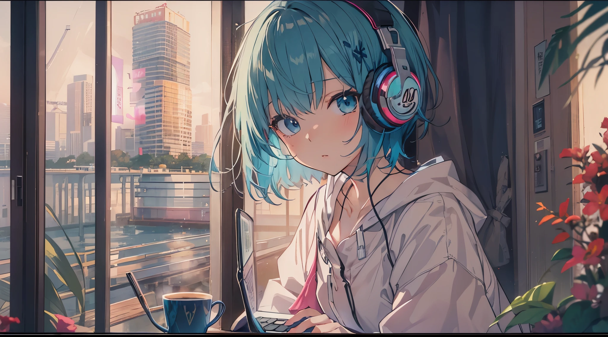 evening、Indoor Coffee Stylish、ラップトップを使用するアニメのwoman((Using a laptop on the table))、18-year-old、Upper body, mid shot、 woman, fine eyes, ((ノートパソコンを使う美しいwoman)), ,short bob hair,blue hair, bangs,Casual clothes、 angry face、pouting emo emo balcony Room wear 1k room dried flower hair is dark blue blue eyes shortcut sad expression red lips dark atmosphere Tsundere womanメイン Background is blurred Upper bodyのみ描く blue hairのwoman Headphones A room with a night view from the window glass Room wear黄昏る Lonely Gweiz's style artwork、beautiful anime、 Alone Gwythe、beautiful anime girl、beautiful anime girl、Anime girl with teal hair、anime style。8K、Bowater's Art Style、beautiful digital illustrations、beautiful character painting、Stunning Anime Face Portrait Mikudayo, official artwork, lofi girl, lofi artstyle,, halfbeak, anime atmosphere, 富士フイルムと混ぜたanime style, digital anime illustration, anime wallpaper 4k Girl with headphones