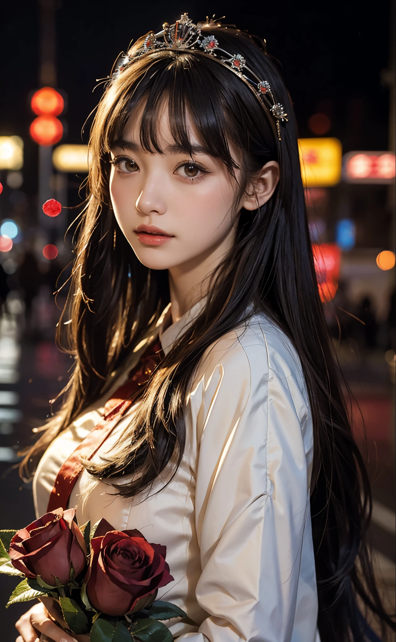 1 girl, Tokyo streets,night, city View,city lights, Upper body,close up, 8k, original photo, best quality, masterpiece,actual, photo-actual,Red rose tiara, parted bangs, long hair,