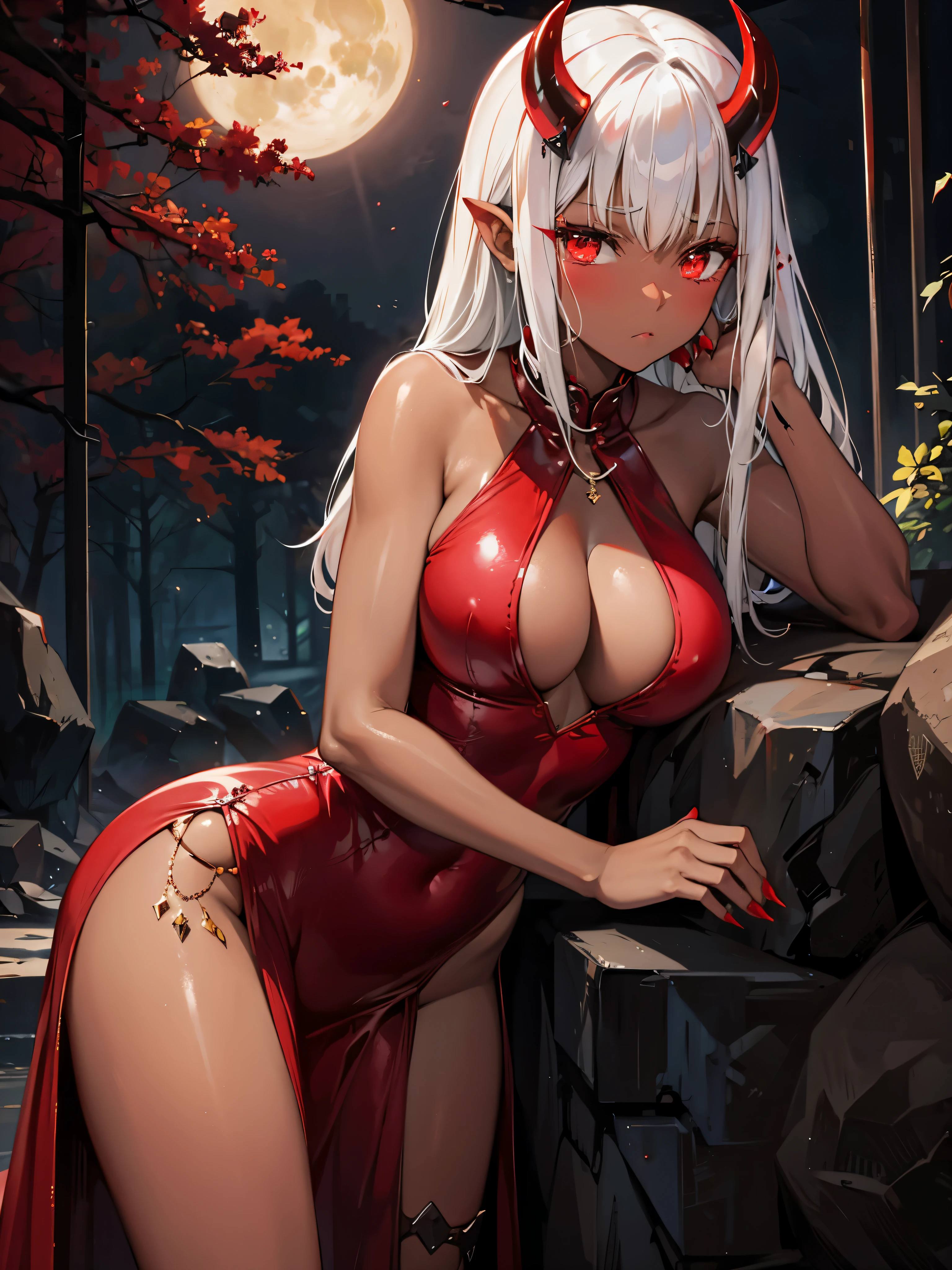 dark ebony skin, skin reflecting light, shiny effect, red horns, red nails, cute sad face