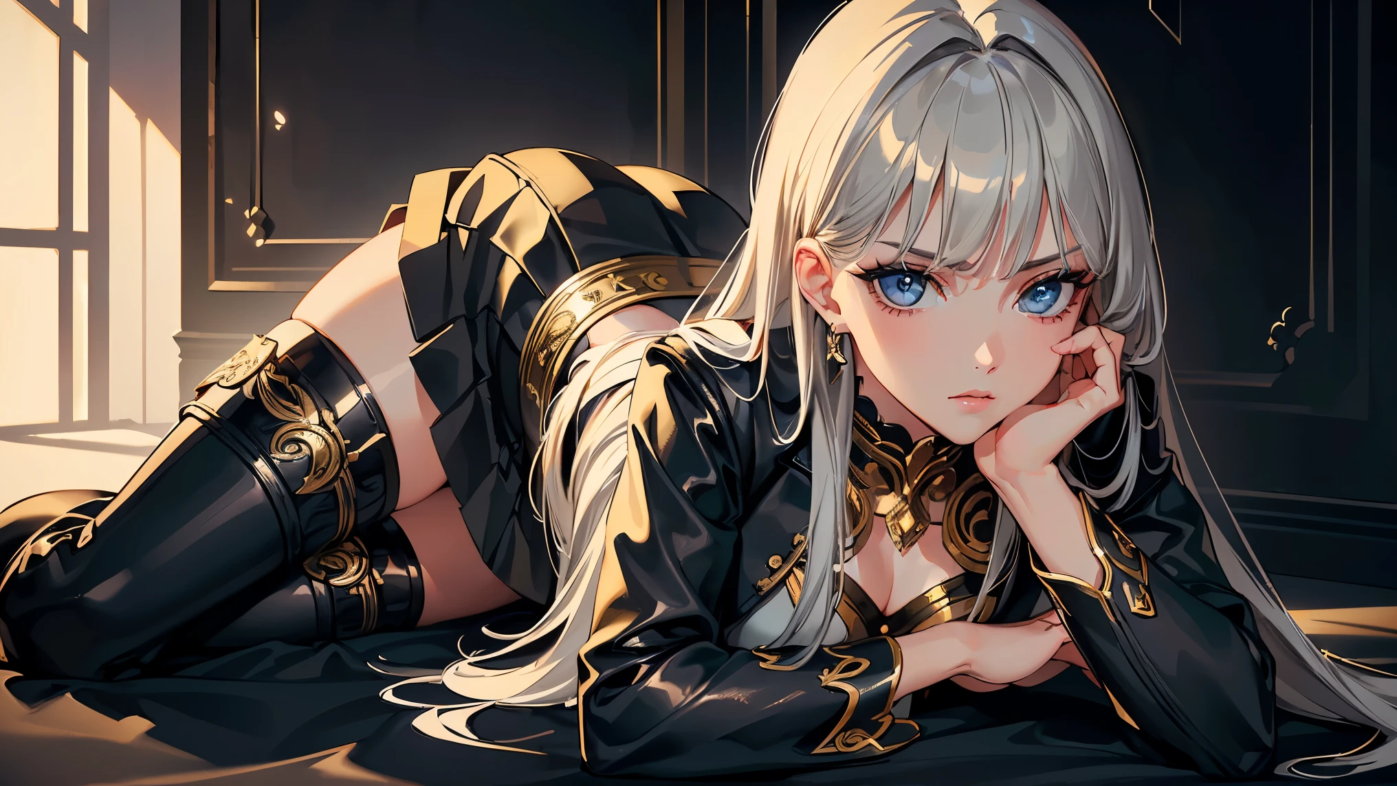 masterpiece, top-quality, the Extremely Detailed, Ultra-realistic, The perfect female figure, full picture, Dramatic shadows, (spot light, Perfect litthing, Detailed light, ((Sharp face)), ((gray hair, long hair)), Model body type, (serious face: 1.2), (asymmetrical bangs, beautiful eyelashes), Exquisite facial features depicting the perfect face, short black breastplate with gold ornaments, short skirt, high boots, Night time, realistic light and shadow, Professional Lighting.