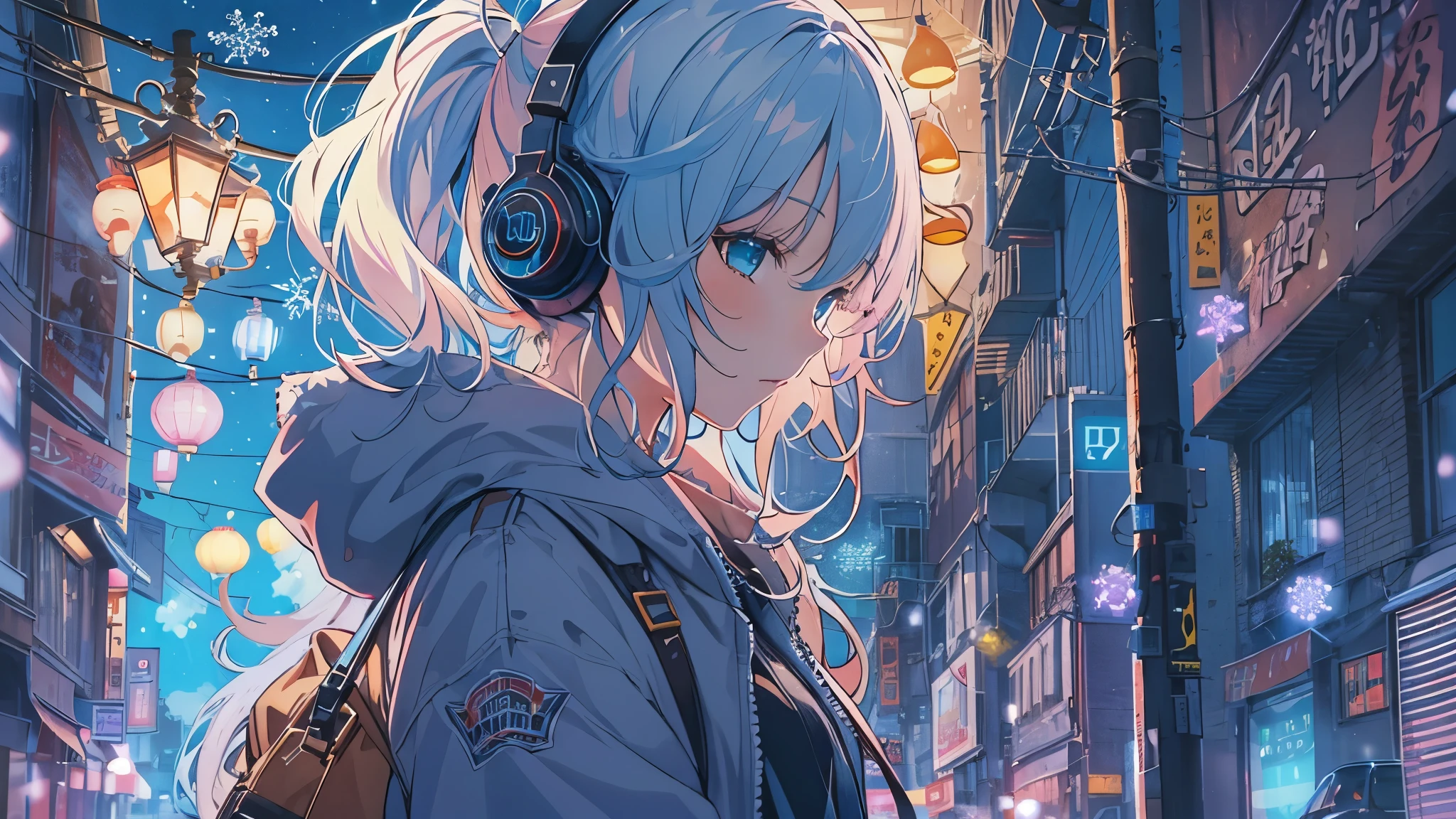 Tsundere Female Main Background is blurred Draw only the upper body Woman with blue hair Style artwork of a lonely Gweiz wearing headphones、beautiful anime、 Alone Gwythe、beautiful anime girl、beautiful anime girl、Anime girl with teal hair、anime style。8K、Bowater's Art Style、beautiful digital illustrations、beautiful character painting、Stunning Anime Face Portrait Mikudayo, official artwork, lofi girl, lofi artstyle,, halfbeak, anime atmosphere, 富士フイルムと混ぜたanime style, digital anime illustration, anime wallpaper 4k Girl with headphones downtown at night colorful street lights christmas decorations snow