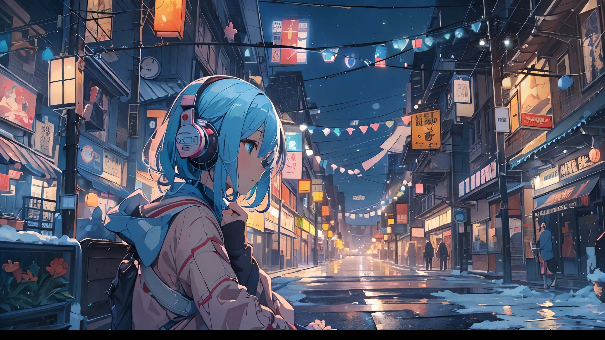 Tsundere Female Main Background is blurred Draw only the upper body Woman with blue hair Style artwork of a lonely Gweiz wearing headphones、beautiful anime、 Alone Gwythe、beautiful anime girl、beautiful anime girl、Anime girl with teal hair、anime style。8K、Bowater's Art Style、beautiful digital illustrations、beautiful character painting、Stunning Anime Face Portrait Mikudayo, official artwork, lofi girl, lofi artstyle,, halfbeak, anime atmosphere, 富士フイルムと混ぜたanime style, digital anime illustration, anime wallpaper 4k Girl with headphones downtown at night colorful street lights christmas decorations snow
