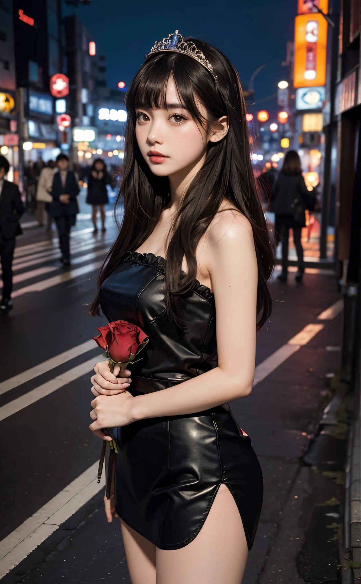 1 girl, Tokyo streets,night, city View,city lights, Focus on photography above the thigh， 8k, original photo, best quality, masterpiece,actual, photo-actual,Red rose tiara, parted bangs, long hair,