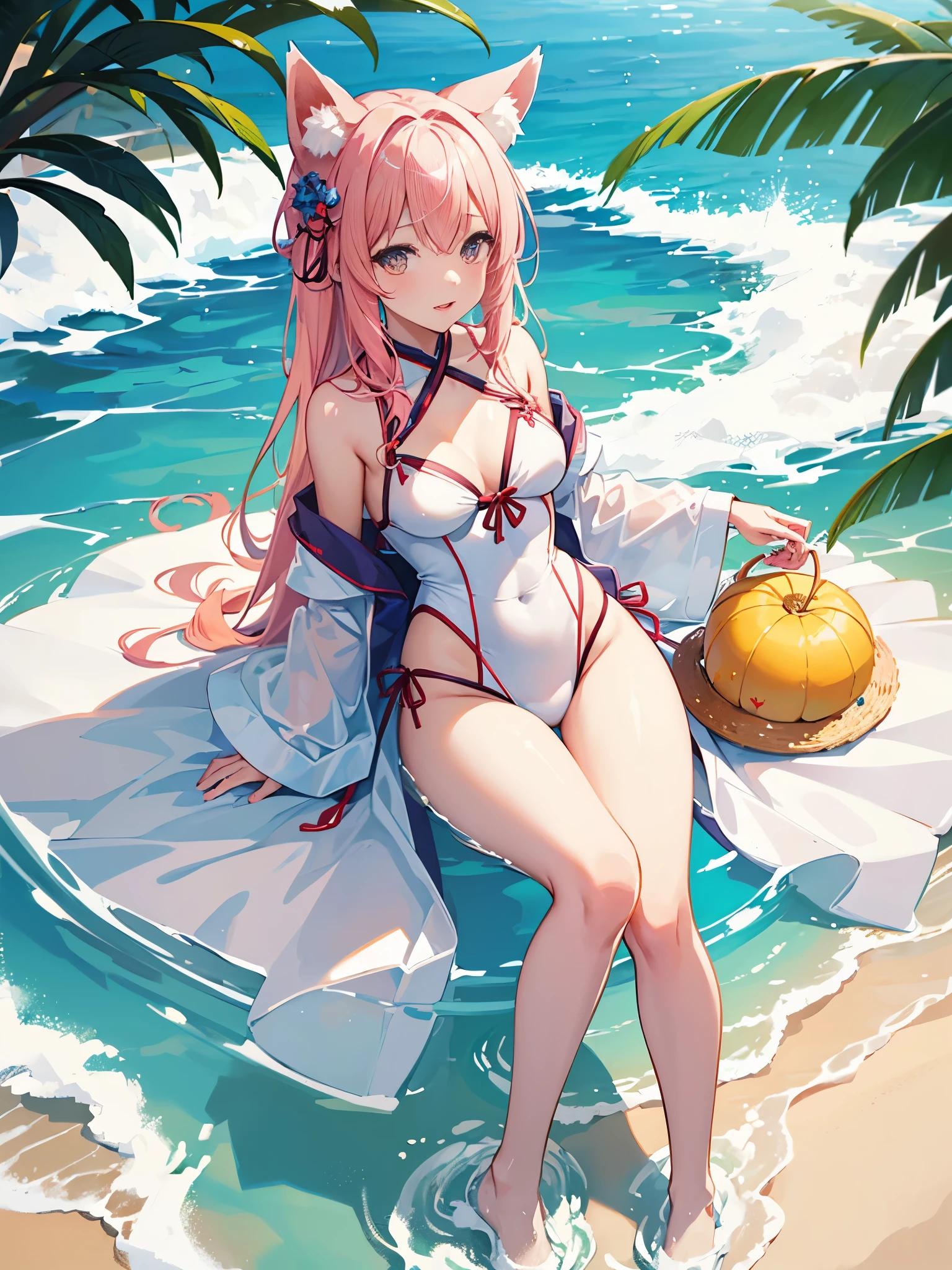 Pure fox-eared girl(Cheerful)Skin is hydrated(Highlights the voluptuousness of thighs)There are strips of cloth around the legs as decorations。 swimsuit(Pure lust)。Ocean