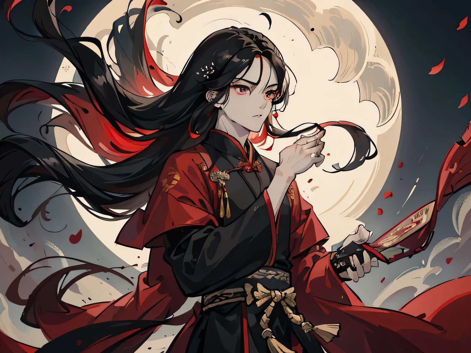 adult male, strong, red eyes, long black hair, flowing hair, wipe forehead, flying bangs, firm eyes, ancient chinese clothing, Gorgeous accessories, There is magic smoke around him, vision, F/1.8, masterpiece, ancient chinese architecture, night, petals flying, Frontal portrait shooting, Side lighting, Moonlight shines on people, 8k, human development report, ultra high definition, semi-realistic,The eyebrows are beautiful,black eyes,slender figure,holding a sword,Gorgeous battle