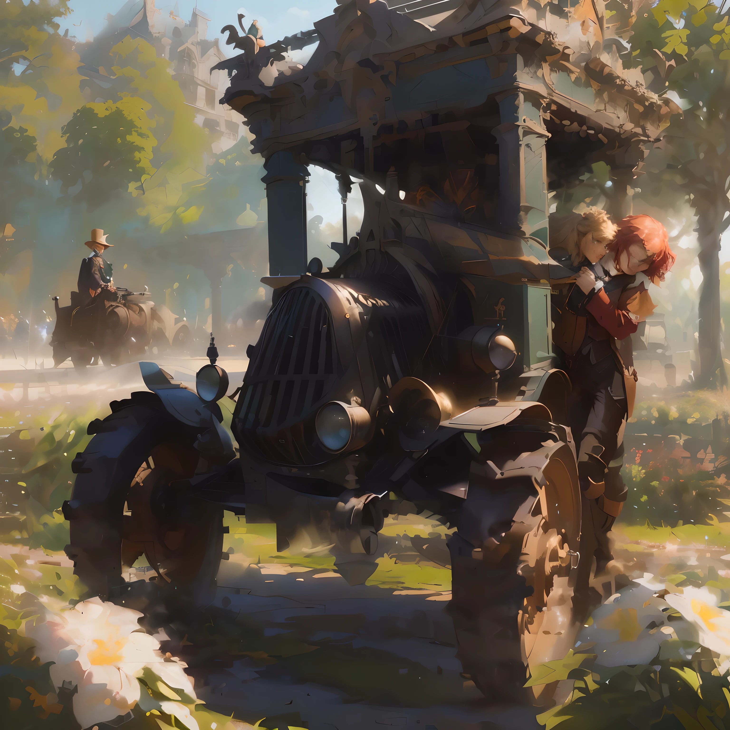 il y a un grand véhicule vert et marron avec un cheval dessus, anime art véhicule concept art, par Alexandre Gine, art conceptuel pictural, silvain sarrailh, art conceptuel steampunk, par jeonseok lee, art conceptuel d&#39;illustration, Alexeï Egorov, krenzcushart, Mohrbacher