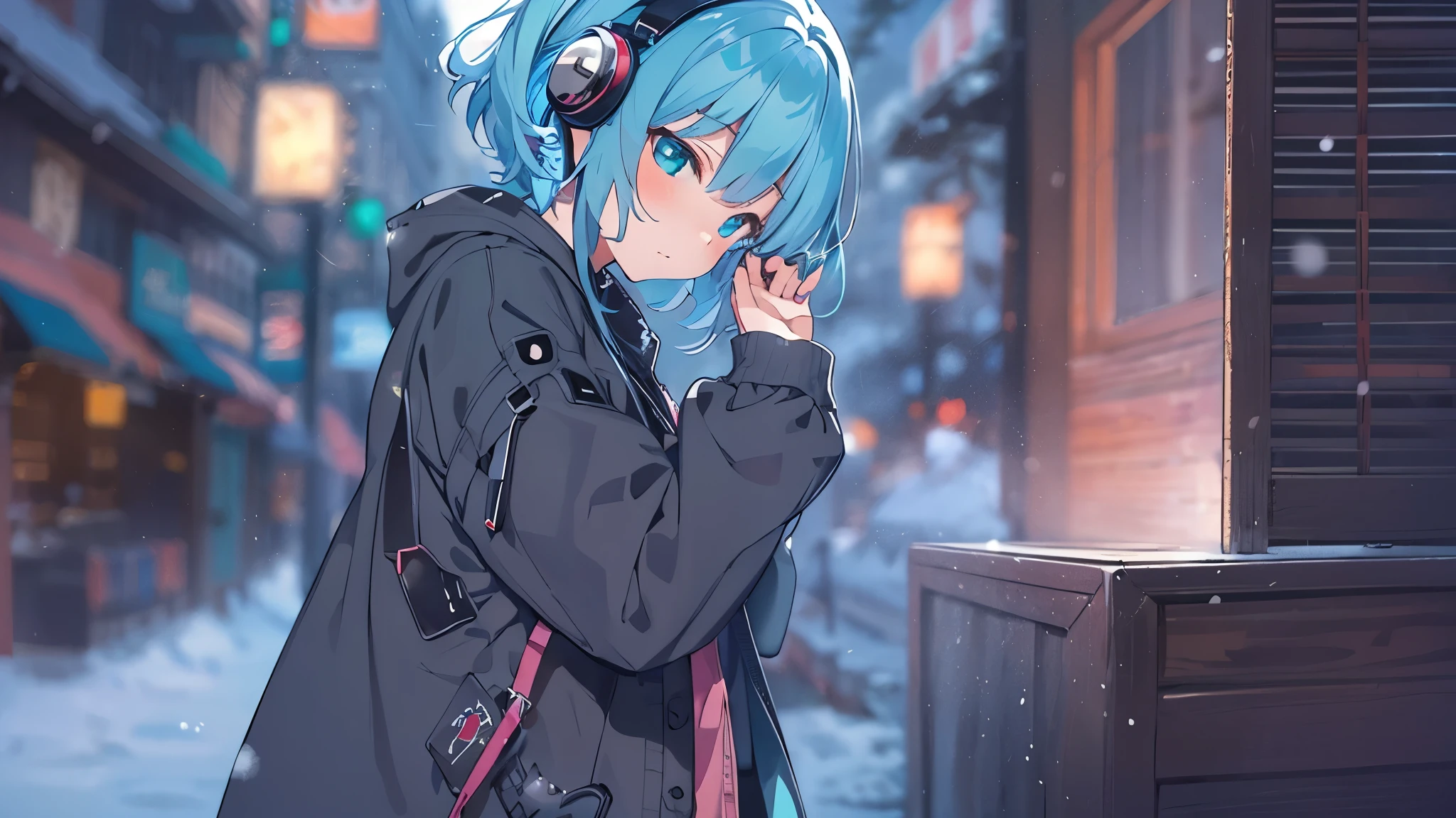 Tsundere　Female Main　Background is blurred　Draw only the upper body　Woman with blue hair　Style artwork of a lonely Gweiz wearing headphones、beautiful anime、 Alone　Gwythe、beautiful anime girl、beautiful anime girl、Anime girl with teal hair、anime style。8K、Bowater's Art Style、beautiful digital illustrations、beautiful character painting、Stunning Anime Face Portrait Mikudayo, official artwork, lofi girl, lofi artstyle,, halfbeak, anime atmosphere, 富士フイルムと混ぜたanime style, digital anime illustration, anime wallpaper 4k　Girl with headphones 　downtown at night　colorful street lights　christmas decorations　snow　