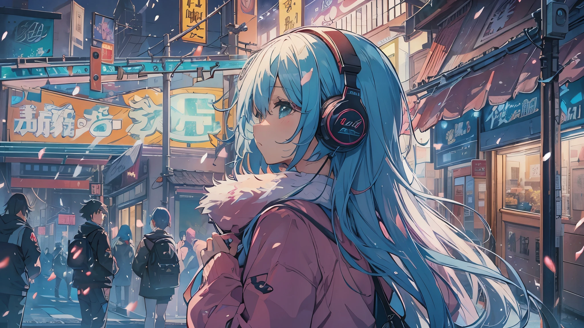 Tsundere Female Main Background is blurred Draw only the upper body Woman with blue hair Style artwork of a lonely Gweiz wearing headphones、beautiful anime、 Alone Gwythe、beautiful anime girl、beautiful anime girl、Anime girl with teal hair、anime style。8K、Bowater's Art Style、beautiful digital illustrations、beautiful character painting、Stunning Anime Face Portrait Mikudayo, official artwork, lofi girl, lofi artstyle,, halfbeak, anime atmosphere, 富士フイルムと混ぜたanime style, digital anime illustration, anime wallpaper 4k Girl with headphones downtown at night colorful street lights christmas decorations snow
