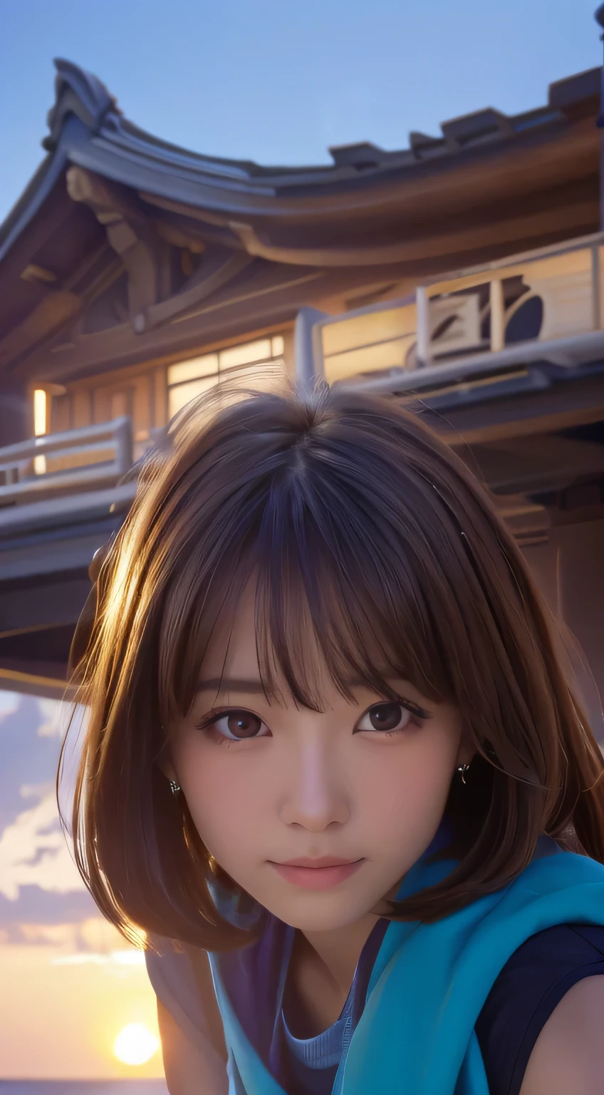 (highest quality,4K,8K,High resolution,table top:1.2),Super detailed,(realistic,photorealistic,photo-realistic:1.37), studio lighting,Ultra-fine painting,sharp focus,Physically based rendering, extreme details,Professional,bright colors, Bokeh, portrait, landscape, beautiful bob haircut girl, beautiful and detailed eyes, plump breasts, colorful bikini, School, beautiful girl in the photo, sunset seashore, looking at the viewer, blushing face, (from below:1.4), japanese idol, korean idol, masterpiece