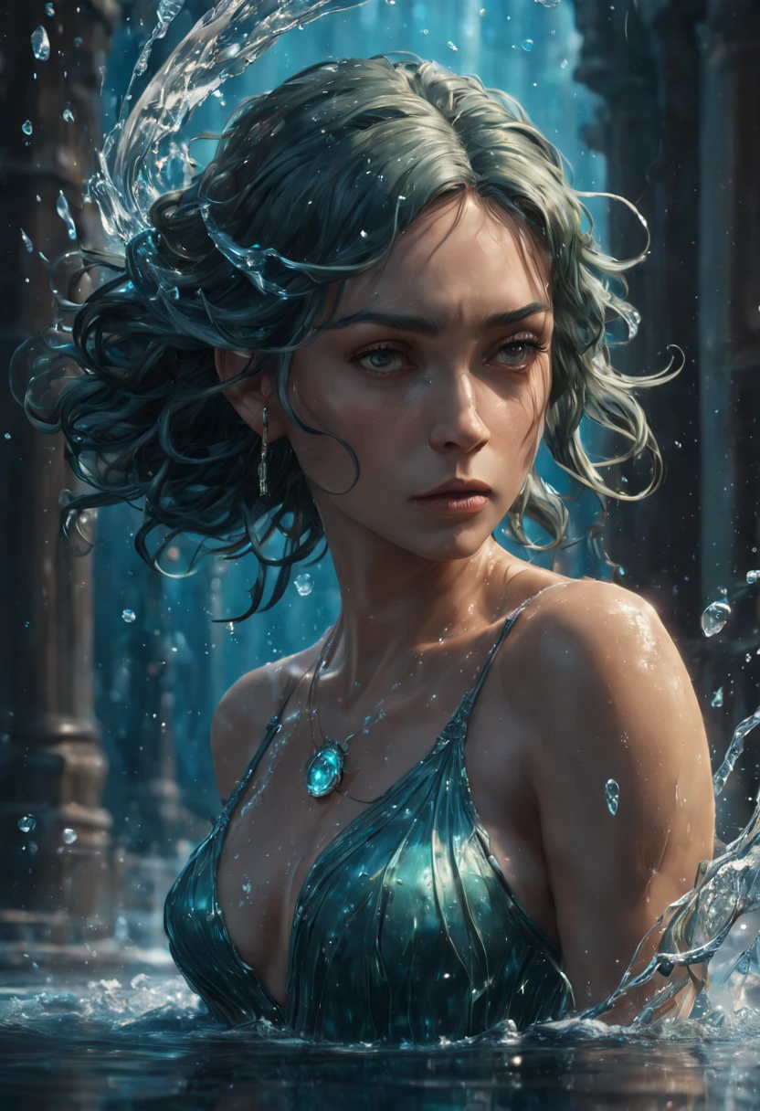 8k resolution concept art by Greg Rutkowski, Artgerm, WLOP, Alphonse Mucha with dynamic lighting and intricate details. Splash art trending on Artstation with Unreal Engine 5 volumetric lighting. Features a girl figure made of water, water statue, water hair, water elemental girl, undine, water reflections, water flow, crystal wet body. Reimagined by industrial light and magic with 4k resolution post-processing. Also includes references to Pixar, Disney, Studio Ghibli, and Anime Key Visual styles. Uses natural lighting and beautiful composition. Hyper-realistic water effects with transparent and glass-like features. Incorporates neo-impressionism and post-impressionism painting styles with textured layers of paint.