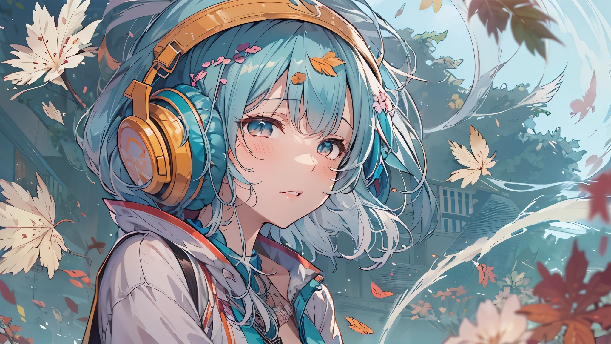 Tsundere　Female Main　Background is blurred　Draw only the upper body　Woman with blue hair　Style artwork of a lonely Gweiz wearing headphones、beautiful anime、 Alone　Gwythe、beautiful anime girl、beautiful anime girl、Anime girl with teal hair、anime style。8K、Bowater's Art Style、beautiful digital illustrations、beautiful character painting、Stunning Anime Face Portrait Mikudayo, official artwork, lofi girl, lofi artstyle,, halfbeak, anime atmosphere, 富士フイルムと混ぜたanime style, digital anime illustration, anime wallpaper 4k　Girl with headphones 　momiji　autumn leaves　