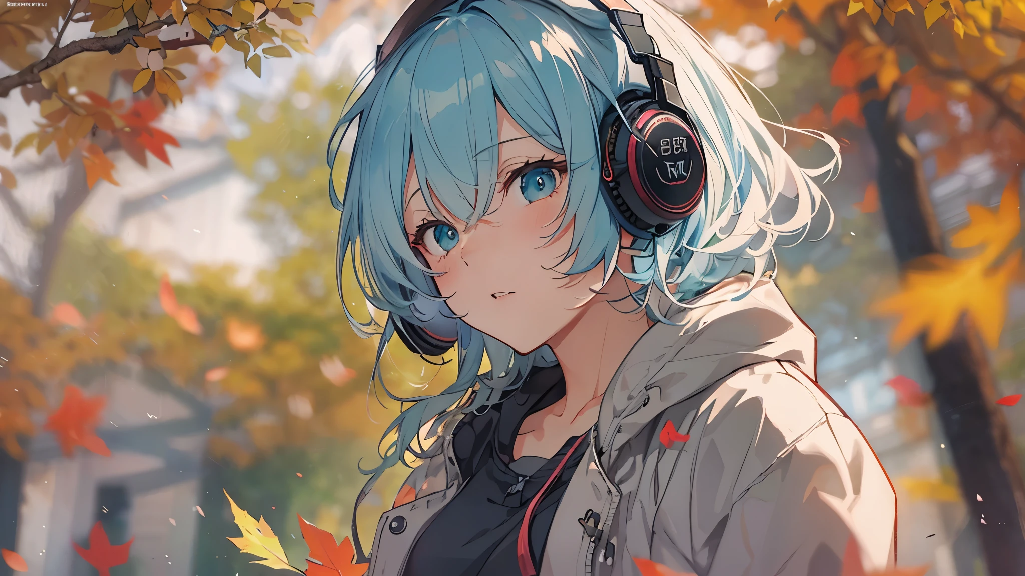 Tsundere Female Main Background is blurred Draw only the upper body Woman with blue hair Style artwork of a lonely Gweiz wearing headphones、beautiful anime、 Alone Gwythe、beautiful anime girl、beautiful anime girl、Anime girl with teal hair、anime style。8K、Bowater's Art Style、beautiful digital illustrations、beautiful character painting、Stunning Anime Face Portrait Mikudayo, official artwork, lofi girl, lofi artstyle,, halfbeak, anime atmosphere, 富士フイルムと混ぜたanime style, digital anime illustration, anime wallpaper 4k Girl with headphones momiji autumn leaves