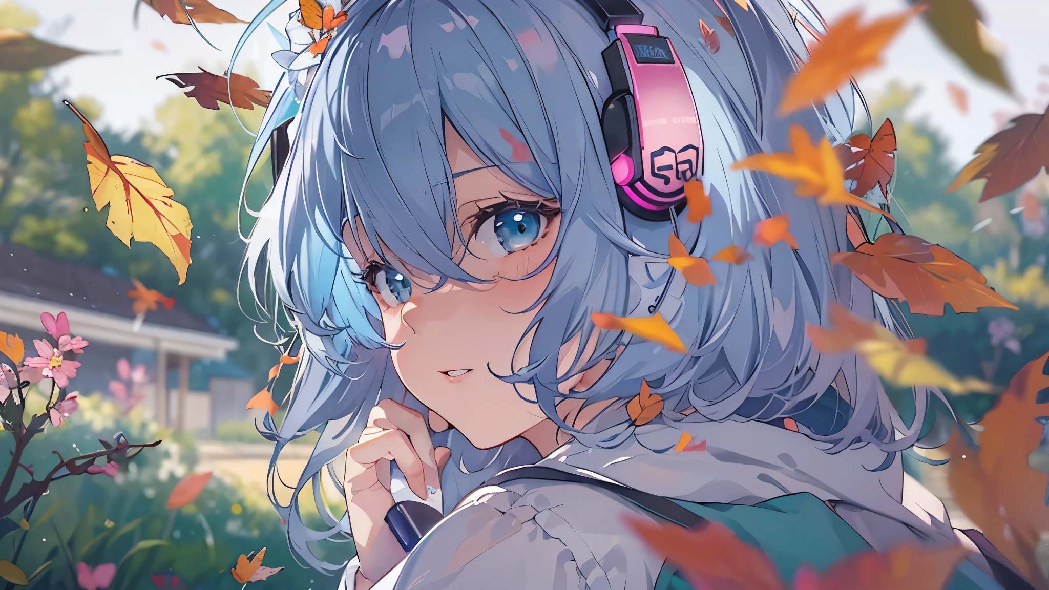 Tsundere Female Main Background is blurred Draw only the upper body Woman with blue hair Style artwork of a lonely Gweiz wearing headphones、beautiful anime、 Alone Gwythe、beautiful anime girl、beautiful anime girl、Anime girl with teal hair、anime style。8K、Bowater's Art Style、beautiful digital illustrations、beautiful character painting、Stunning Anime Face Portrait Mikudayo, official artwork, lofi girl, lofi artstyle,, halfbeak, anime atmosphere, 富士フイルムと混ぜたanime style, digital anime illustration, anime wallpaper 4k Girl with headphones momiji autumn leaves