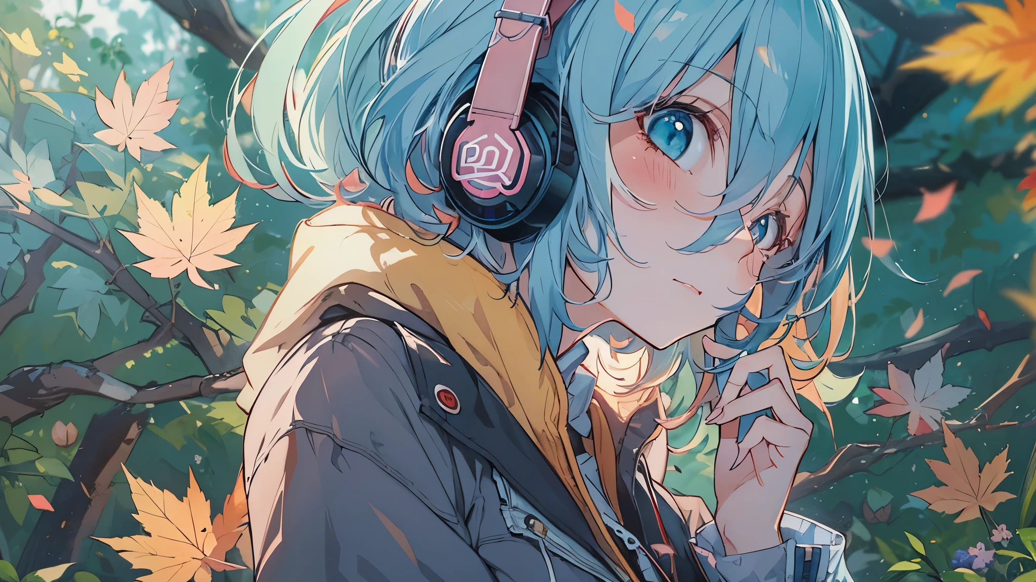 Tsundere Female Main Background is blurred Draw only the upper body Woman with blue hair Style artwork of a lonely Gweiz wearing headphones、beautiful anime、 Alone Gwythe、beautiful anime girl、beautiful anime girl、Anime girl with teal hair、anime style。8K、Bowater's Art Style、beautiful digital illustrations、beautiful character painting、Stunning Anime Face Portrait Mikudayo, official artwork, lofi girl, lofi artstyle,, halfbeak, anime atmosphere, 富士フイルムと混ぜたanime style, digital anime illustration, anime wallpaper 4k Girl with headphones momiji autumn leaves