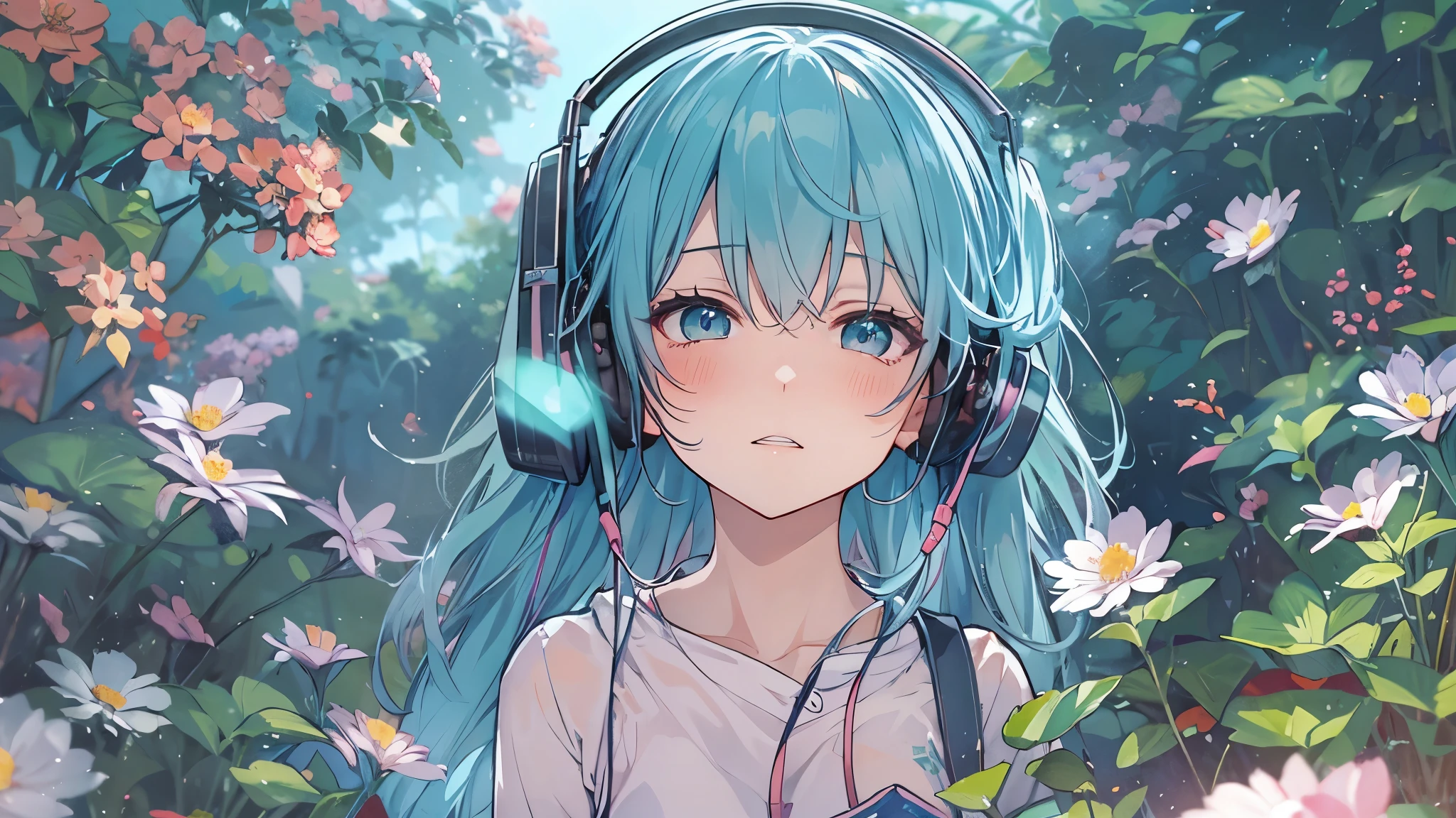 Tsundere　Female Main　Background is blurred　Draw only the upper body　Woman with blue hair　Style artwork of a lonely Gweiz wearing headphones、beautiful anime、 Alone　Gwythe、beautiful anime girl、beautiful anime girl、Anime girl with teal hair、anime style。8K、Bowater's Art Style、beautiful digital illustrations、beautiful character painting、Stunning Anime Face Portrait Mikudayo, official artwork, lofi girl, lofi artstyle,, halfbeak, anime atmosphere, 富士フイルムと混ぜたanime style, digital anime illustration, anime wallpaper 4k　Girl with headphones 　flower garden　girl surrounded by flowers