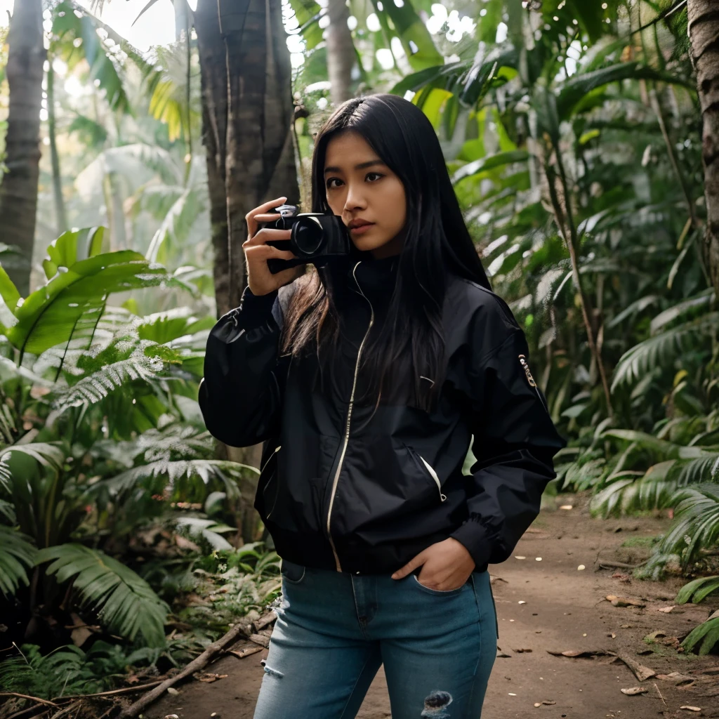 animasi 3d + super realistic, poto seorang pria indonesia, pakai kacamata, rambut pendek rapi, agak gemuk, berjaket hitam celana pendek, duduk sambil memegang kamera, camping ditengah hutan hujan dan ada pohon besar, dikelilingi banyak monyet dan burung, ultra hd, poto jelas