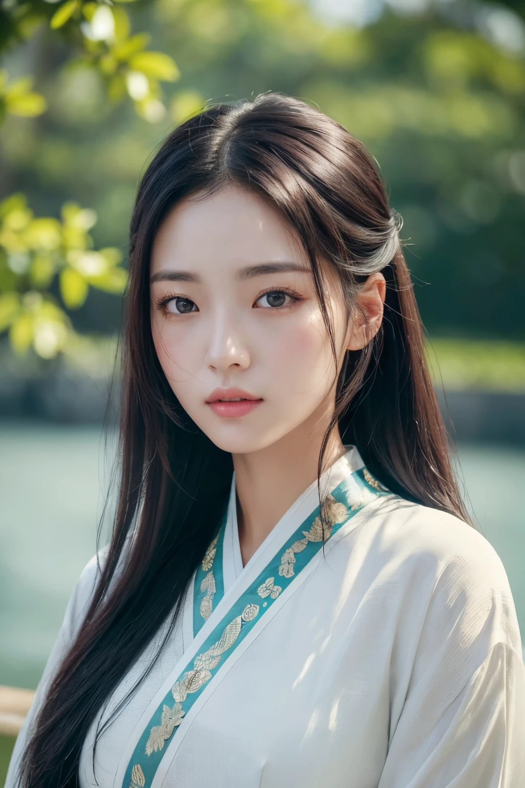 (8K ultra-high definition)、(Hyper-realistic)、(Focused on face and upper body of a Korean woman)、(Black hair flowing gently around her shoulders)、(Wearing a traditional Han bok outfit)、(Portrait style image)、(Looking straight ahead with a confident expression)、(Increase detail and texture for the skin and fabric)、(Masterpiece of a Korean woman's portrait)、(Detailed and beautifully rendered face)、(Smooth and natural lighting)、(Eyes that radiate intensity and depth)、(Upper body toned and displayed gracefully)、(Capture the essence of Korean beauty)、(Best quality image for