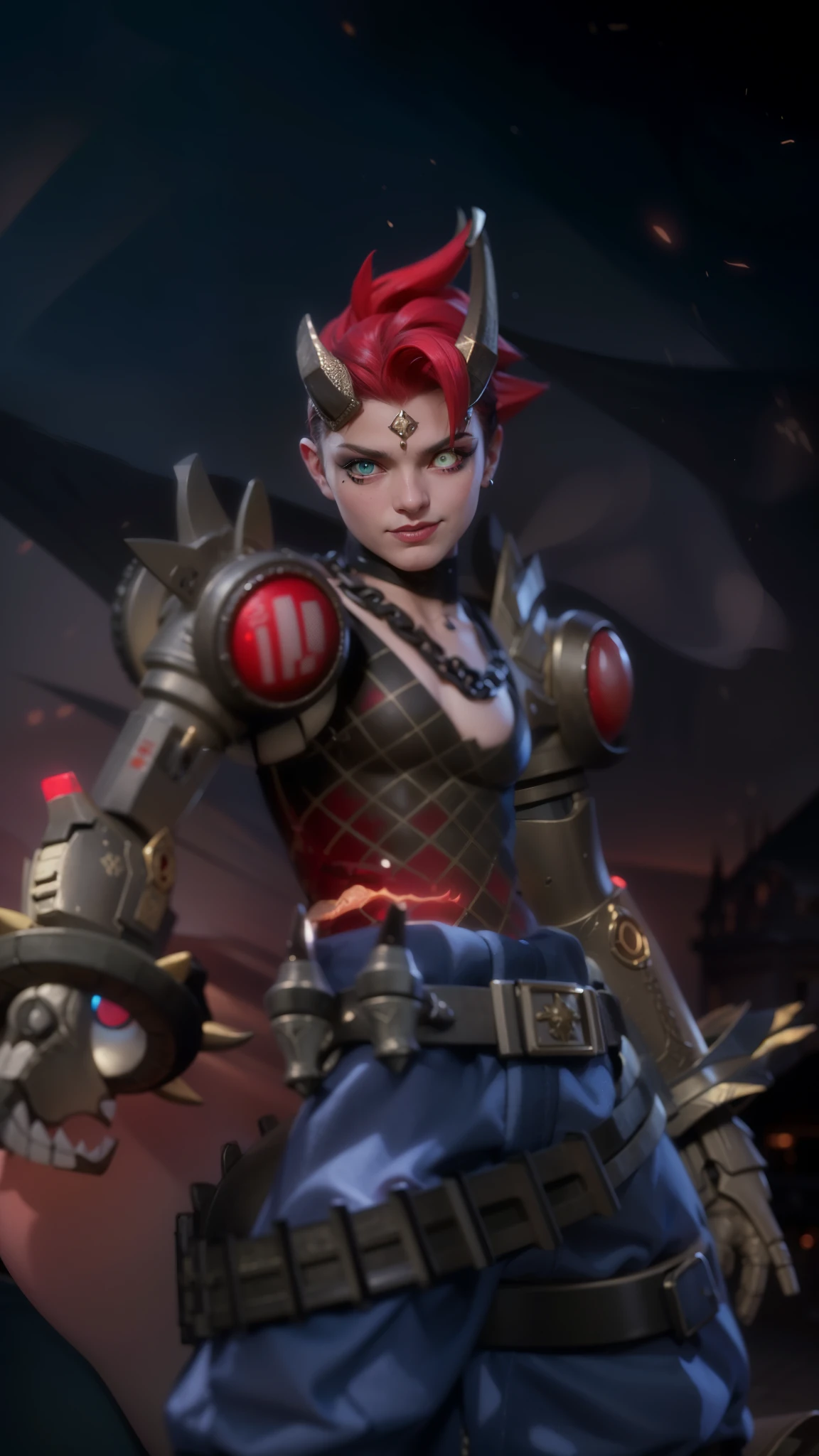 masculine male, masterpiece, ((perfect eyes)) best quality, (semirealism:1.9), beautiful lighting, (extremely detailed CG unity 4k fhd wallpaper), High Detail, Sharp focus, dramatic outdoors, 25 years old, blue short hair, Boy with two big horns, big earrings on ears, elf ear, red eyes, Thick eyebrows, evil smile, grinning, red body, red face, Burning skin, yellow diamonds glistening on chest, burning red skin, golden robe behind, big white belt, 8k, realistic, tato, scary, strong red eye glow (red eye:1.2), Masterpiece, ultra HD, detailed all picture, a close up of a devil, dyrroth from mobile legend, evil, extremely detailed artgerm, mobile legends character, inspired by Dyrroth, Six pack chest and abs, yellow jewel above the chest.