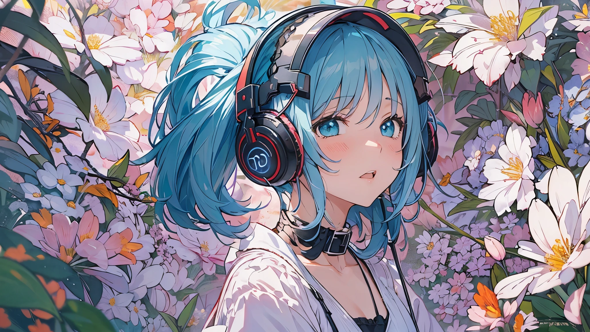 Tsundere Female Main Background is blurred Draw only the upper body Woman with blue hair Style artwork of a lonely Gweiz wearing headphones、beautiful anime、 Alone Gwythe、beautiful anime girl、beautiful anime girl、Anime girl with teal hair、anime style。8K、Bowater's Art Style、beautiful digital illustrations、beautiful character painting、Stunning Anime Face Portrait Mikudayo, official artwork, lofi girl, lofi artstyle,, halfbeak, anime atmosphere, 富士フイルムと混ぜたanime style, digital anime illustration, anime wallpaper 4k Girl with headphones flower garden girl surrounded by flowers Pure white dress