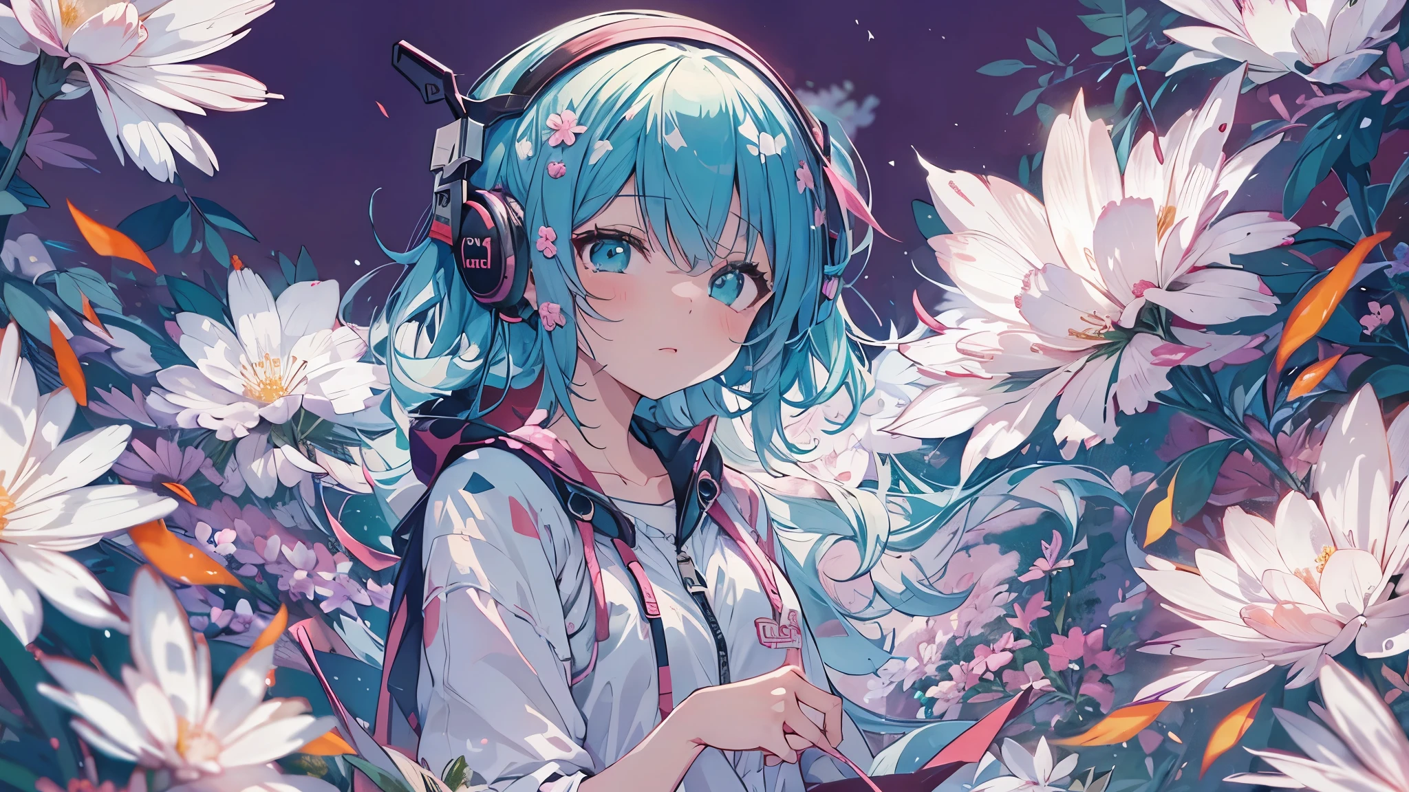 Tsundere Female Main Background is blurred Draw only the upper body Woman with blue hair Style artwork of a lonely Gweiz wearing headphones、beautiful anime、 Alone Gwythe、beautiful anime girl、beautiful anime girl、Anime girl with teal hair、anime style。8K、Bowater's Art Style、beautiful digital illustrations、beautiful character painting、Stunning Anime Face Portrait Mikudayo, official artwork, lofi girl, lofi artstyle,, halfbeak, anime atmosphere, 富士フイルムと混ぜたanime style, digital anime illustration, anime wallpaper 4k Girl with headphones flower garden girl surrounded by flowers Pure white dress