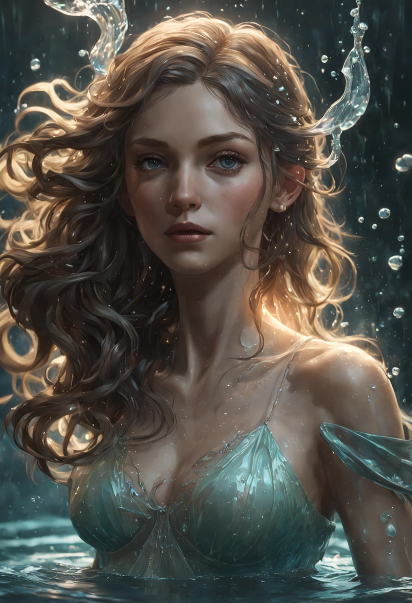 8k resolution concept art by Greg Rutkowski, Artgerm, WLOP, Alphonse Mucha with dynamic lighting and intricate details. Splash art trending on Artstation with Unreal Engine 5 volumetric lighting. Features a girl figure made of water, water statue, water hair, water elemental girl, undine, water reflections, water flow, crystal wet body. Reimagined by industrial light and magic with 4k resolution post-processing. Also includes references to Pixar, Disney, Studio Ghibli, and Anime Key Visual styles. Uses natural lighting and beautiful composition. Hyper-realistic water effects with transparent and glass-like features. Incorporates neo-impressionism and post-impressionism painting styles with textured layers of paint.