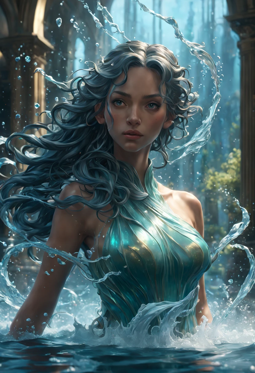 8k resolution concept art by Greg Rutkowski, Artgerm, WLOP, Alphonse Mucha with dynamic lighting and intricate details. Splash art trending on Artstation with Unreal Engine 5 volumetric lighting. Features a girl figure made of water, water statue, water hair, water elemental girl, undine, water reflections, water flow, crystal wet body. Reimagined by industrial light and magic with 4k resolution post-processing. Also includes references to Pixar, Disney, Studio Ghibli, and Anime Key Visual styles. Uses natural lighting and beautiful composition. Hyper-realistic water effects with transparent and glass-like features. Incorporates neo-impressionism and post-impressionism painting styles with textured layers of paint.