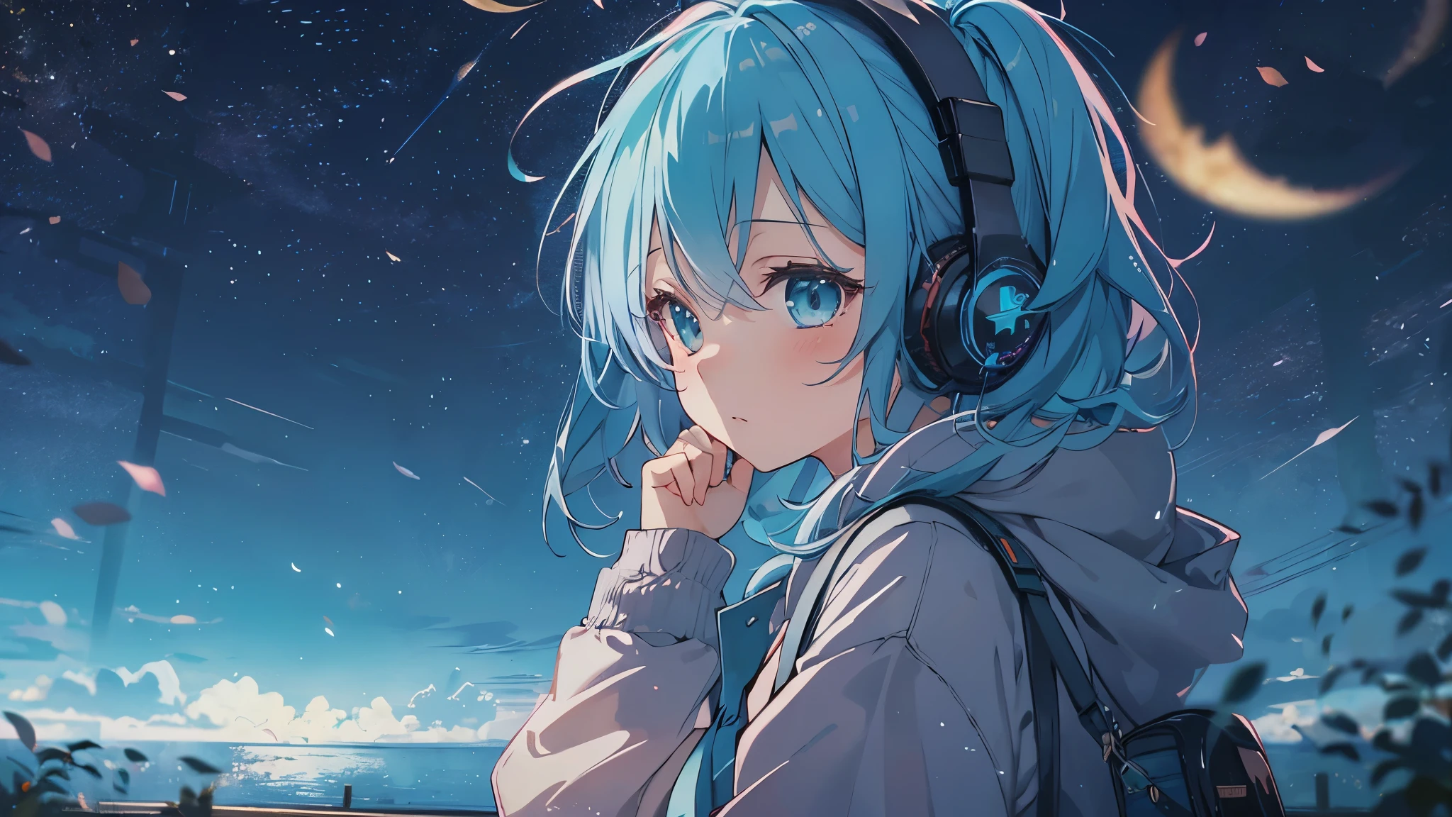 Tsundere　Female Main　Background is blurred　Draw only the upper body　Woman with blue hair　sad　Lonely face　upward glance　Style artwork of a lonely Gweiz wearing headphones、beautiful anime、 Alone　Gwythe、beautiful anime girl、beautiful anime girl、Anime girl with teal hair、anime style。8K、Bowater's Art Style、beautiful digital illustrations、beautiful character painting、Stunning Anime Face Portrait Mikudayo, official artwork, lofi girl, lofi artstyle,, halfbeak, anime atmosphere, 富士フイルムと混ぜたanime style, digital anime illustration, anime wallpaper 4k　Girl wearing headphones, starry sky　night view　girl looking at the starry sky　Crescent Moon
