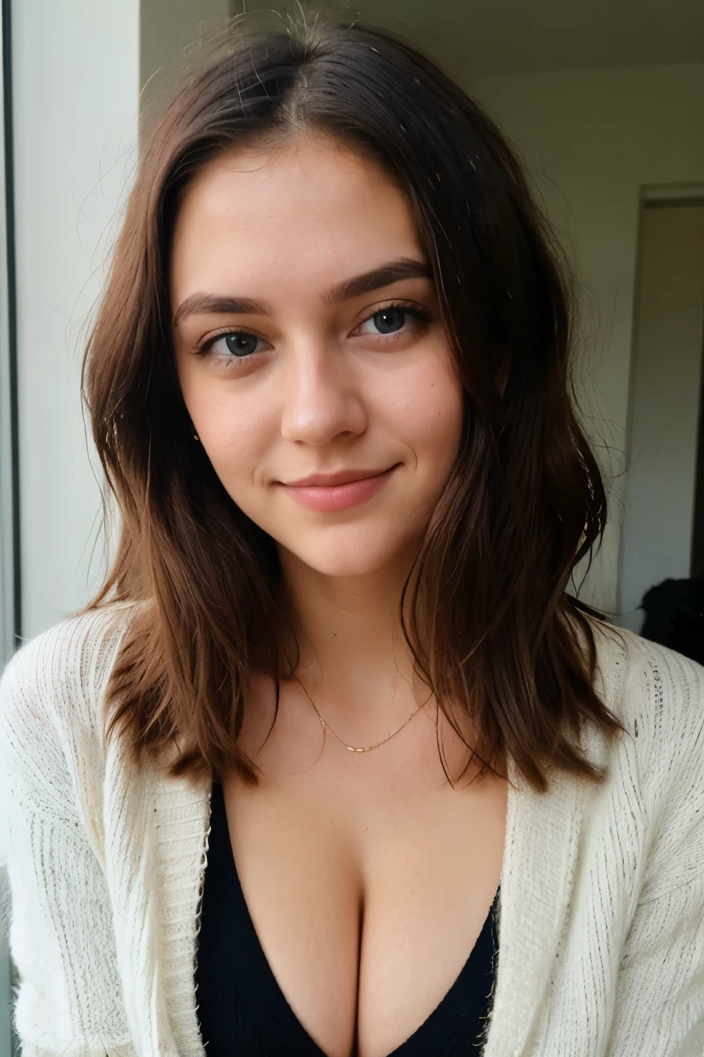 instagram photo, closeup face photo of 23 y.o Chloe in black sweater, cleavage, pale skin, (smile:0.4), hard shadows, blue eyes,perfecteyes