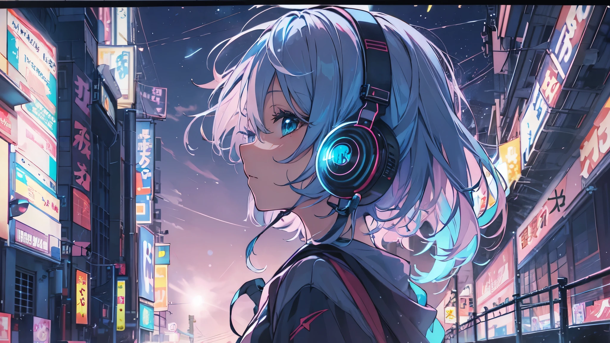 Tsundere　Female Main　Background is blurred　Draw only the upper body　Woman with blue hair　sad　Lonely face　upward glance　Style artwork of a lonely Gweiz wearing headphones、beautiful anime、 Alone　Gwythe、beautiful anime girl、beautiful anime girl、Anime girl with teal hair、anime style。8K、Bowater's Art Style、beautiful digital illustrations、beautiful character painting、Stunning Anime Face Portrait Mikudayo, official artwork, lofi girl, lofi artstyle,, halfbeak, anime atmosphere, 富士フイルムと混ぜたanime style, digital anime illustration, anime wallpaper 4k　Girl wearing headphones, starry sky　night view　girl looking at the starry sky　Crescent Moon