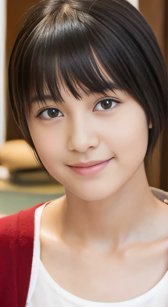 Neat and clean elementary school girl, ( person), (slim, Small, Flat, Small), Short black hair, Photorealistic, detail, Detailed skin texture, Ultra Detail, delicate sexy collarbone, Smile, Super Detailed Face, Detailed lips, Detailed eyes, (A 12-year-old girl)、Delicate eyebrows、((short neck))、((a baby face))、Professional Photography、((watching at viewers))、studio shoot、Portrait、Horizont Studio、Professional Ritinini Dress)),((no-bra)),((No makeup))With bangs,(Unkempt hair),(traditional Japanese room),((Sitting upright on tatami mats:1.2))、解剖学的に正確な身体、NSFWではない、NO＿NFSW、