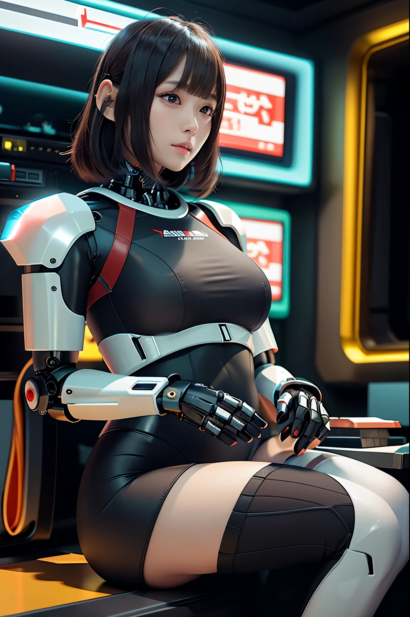 (photorealistic:1.4), (RAW photo)masterpiece, best quality, extremely detailed, (8K, 4K, Best Quality, hight resolution, 超A high resolution:1.1), (masutepiece, Realistic, Photorealsitic:1.1)Japanese android woman,Plump , announcer,control panels,activate,Squat,android,droid,Mechanical Hand,Robot arms and legs, Black Robot Parts,black hair,darkblack knee high socks,black sponge joints,blunt bangs,white robot body,ceramic body,leather boots,perfect cyborg girl