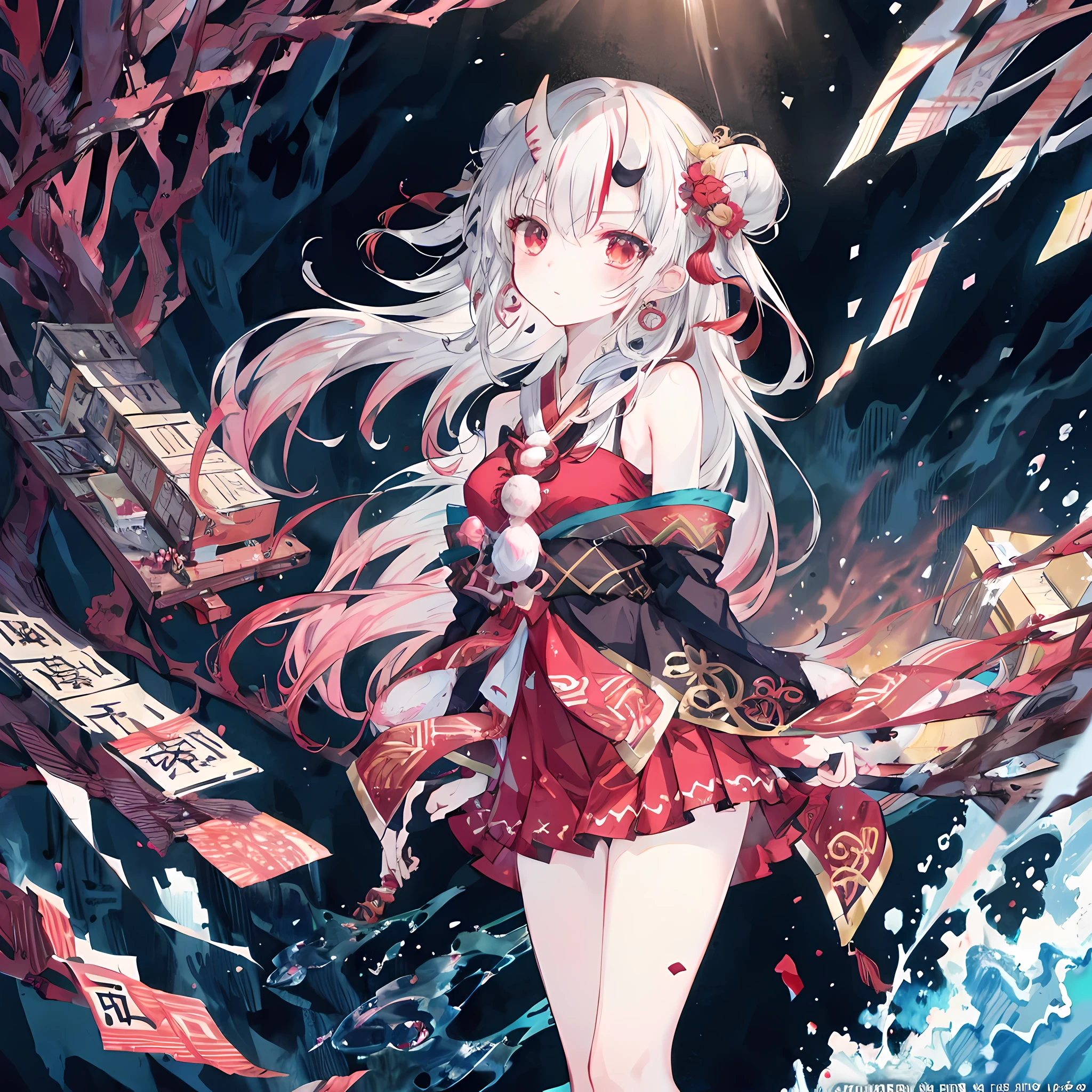 (masterpiece, best quality),  intricate details, 8k, art station, wallpaper, official art, splash art, sharp focus,
1 girl,  Kiri Ayame, (masterpiece)), ((best quality)), ((official art)), (extremely detailed CG unity 8k wallpaper), ((Very detailed)), ((illustration)), traditional Chinese painting,((Chinese style)),((a girl)), (single), gaze, Fairy,hair_decoration, earrings, jewelry, (very long hair), (messy_hair), bare shoulders, ribbon,hairs between Eye, beautiful detailed sky,whole body,close up,Put your arms behind your back,Taoist robe, thigh, high place, Foggy,chinadre,overexposure,[wet clothes],Moderate breast,alone,[toy doll],裸露thigh,incRedibly_ridiculous,strong angle ,pleated dress,Chinese style格建筑,single hair bun,white_hair,Red_Eye,squint,cold attitude,Eyehadow,Eyeliner,Eye visible through hair,no shoes,ribbon-trimmed sleeves,earrings,necklace,crown,Moderate_breast,Sunlight,reflected light,Ray tracing,Change,Phoenix crown and red robe,blush