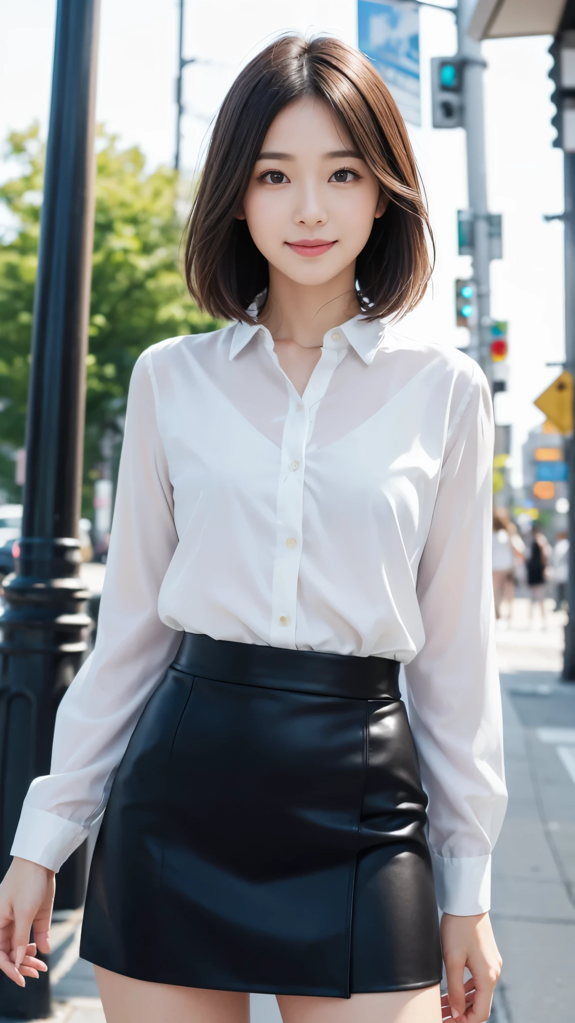 thin legs, Tight Skirt, New York Background、blur the background, sidewalk, RAW photo, 8K, highest quality, ultra high resolution, beautiful face details, real human skin, gentle expression, Front view, angle from below, long hair, realistic, realistic, cute, short skirt, cute女子大学生, office lady, smile、Japanese、Japanese美女、professional fashion model, whole body,perfect face、Perfect body line、short hair style