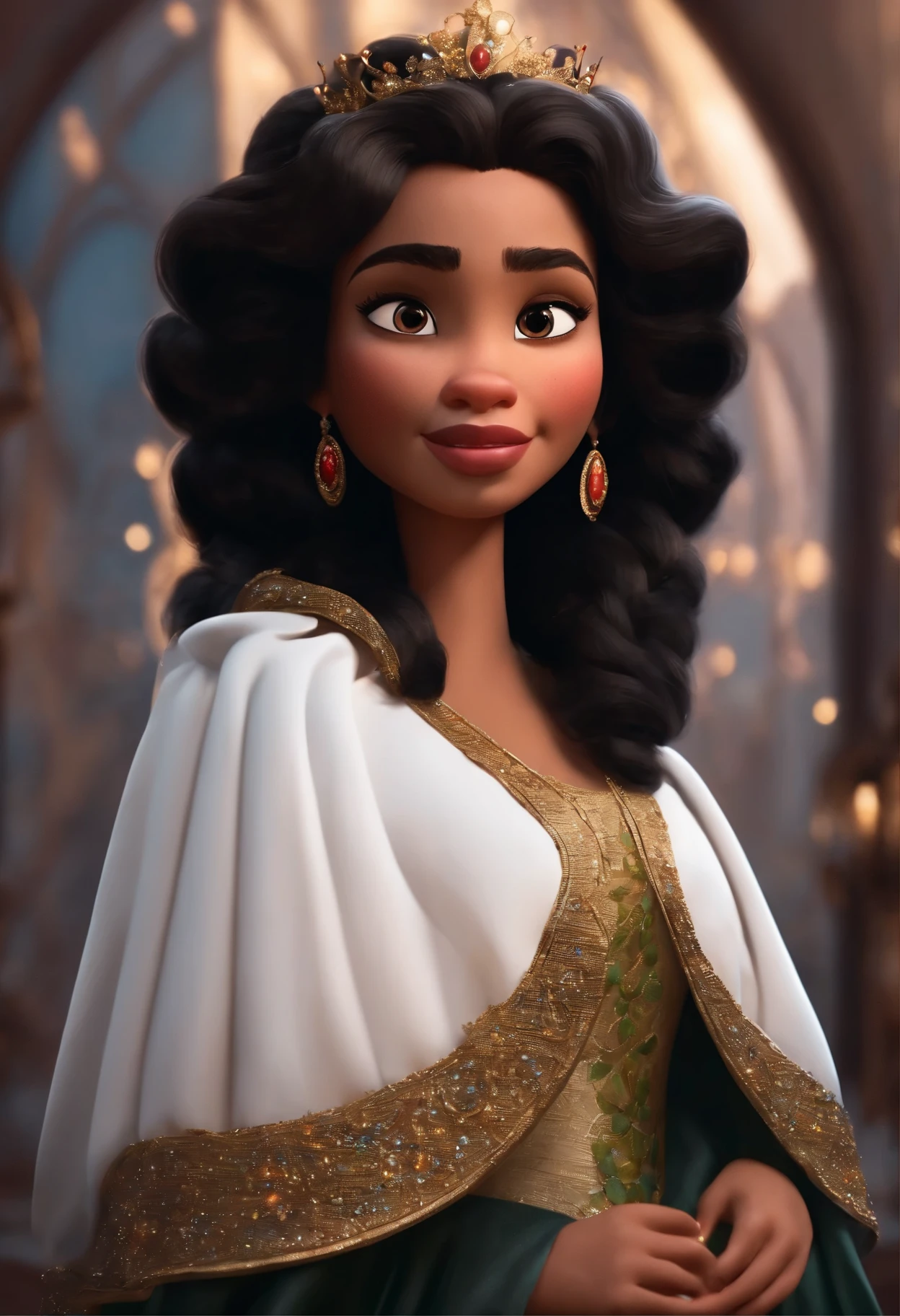 Um filme inspirado na Disney Pixar (Mulher princesa JOVEM COM CABELO LONGO CACHEADO loiro) dentro A cena estar na arte distinta do estilo PIXAR, vestido preto e branco com brilho