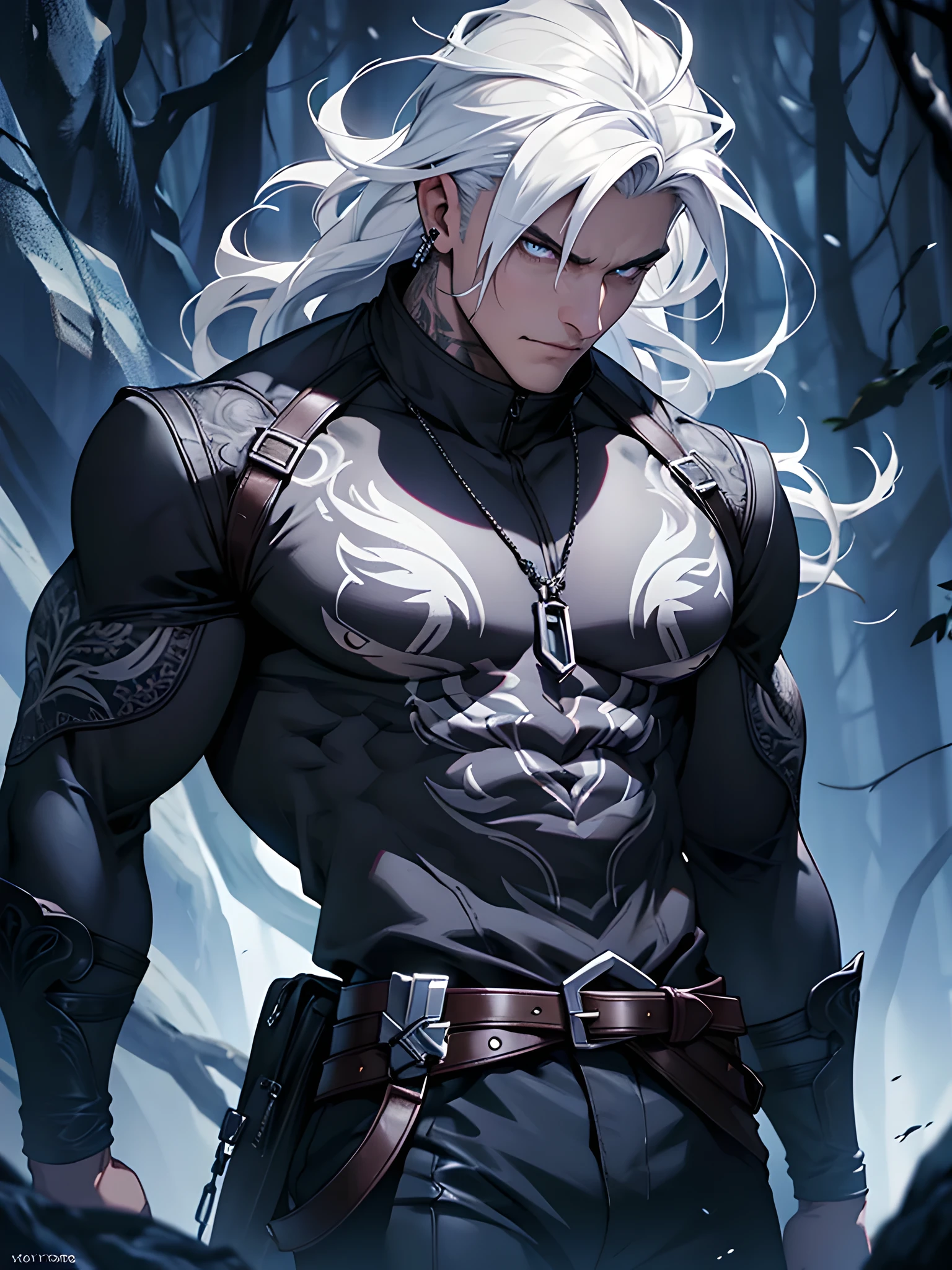 (((intricate design))) (((Top quality))) (((16K))) (((High Definition))) 16K splash art, high res, ultra sharp, ((masterpiece)), best quality, expressive eyes, perfect face, Super eyes, highly detailed exquisite character art, perfectly detailed anatomy, detailed body, large pecs, (((Volumetric lighting))) (((cinematic light))) (((1male))) (((muscular))) strong jawline, Dark Purple Skintone, Gothic Drow, White Hair, Black Makeup, White Tattoos, Grey Eyes, In a Dark Forest, 8K, Rogue Class, Black Leather Clothing, Open Top, Silver Jewelry, big pecs, Shadow, piercings, assassin, handsome, attractive,