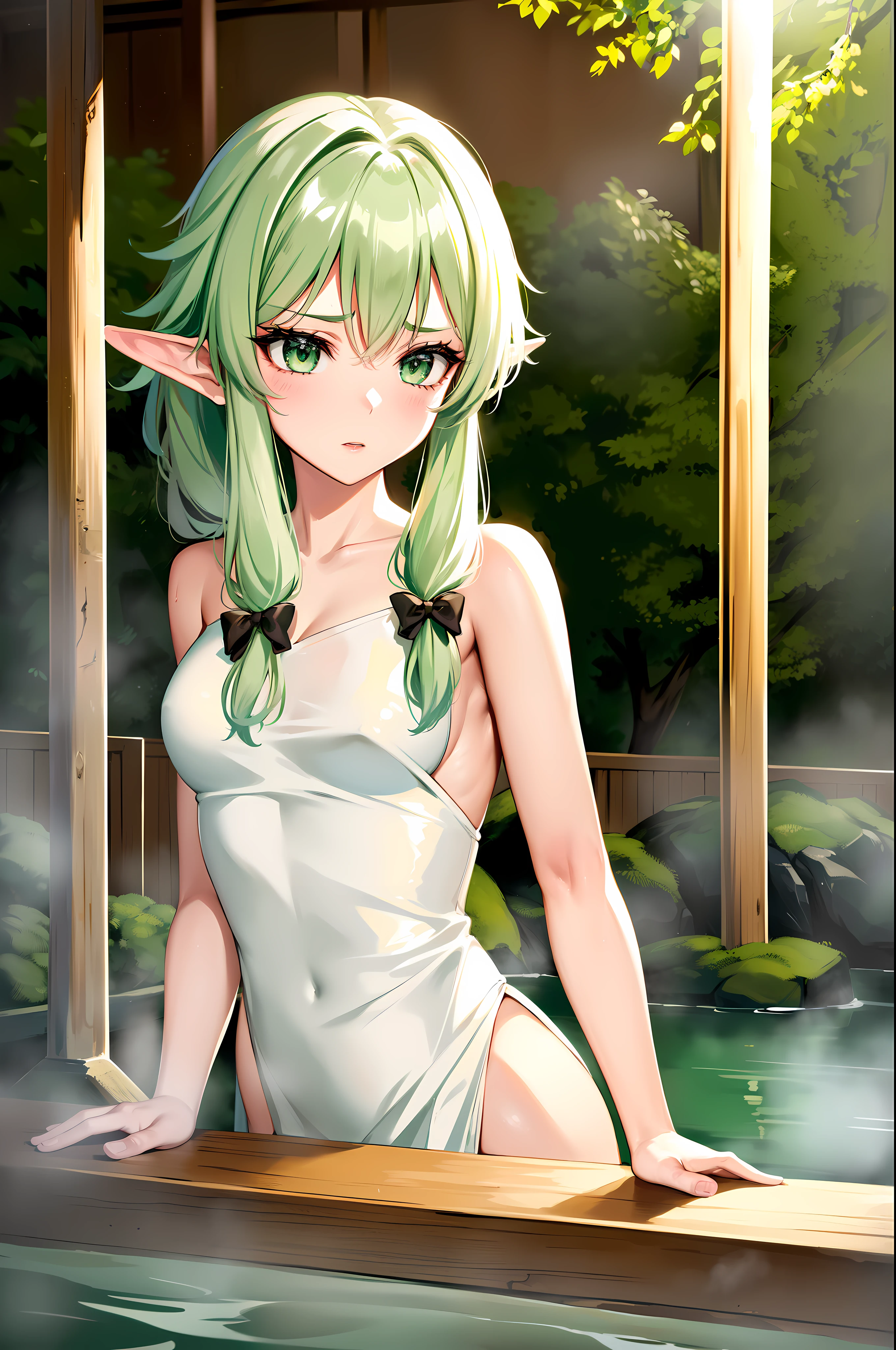 highelfarcher, high elf archer, elf, Green hair, long hair, pointy ears, elf, (masterpiece:1.2), best quality, high resolution, unity 8k wallpaper, (illustration), perfect lighting, Highly detailed CG, (sexy:1.4),alone, 1 woman ,(White_Bathrobe:1.4), (onsen_background:1.3) , (night:1.2) , standing, (pretty:1.2)  , (upper body)