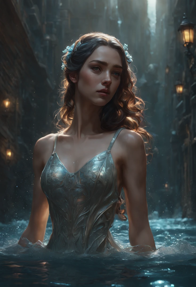 8k resolution concept art by Greg Rutkowski, Artgerm, WLOP, Alphonse Mucha with dynamic lighting and intricate details. Splash art trending on Artstation with Unreal Engine 5 volumetric lighting. Features a girl figure made of water, water statue, water hair, water elemental girl, undine, water reflections, water flow, crystal wet body. Reimagined by industrial light and magic with 4k resolution post-processing. Also includes references to Pixar, Disney, Studio Ghibli, and Anime Key Visual styles. Uses natural lighting and beautiful composition. Hyper-realistic water effects with transparent and glass-like features. Incorporates neo-impressionism and post-impressionism painting styles with textured layers of paint.