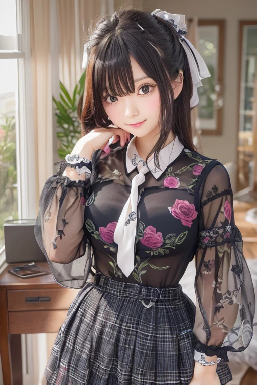 (upper body) , masterpiece , top quality , very detailed , 1 person, (contrasting eyes) , standing , blouse, skirt , bangs , room , indoor