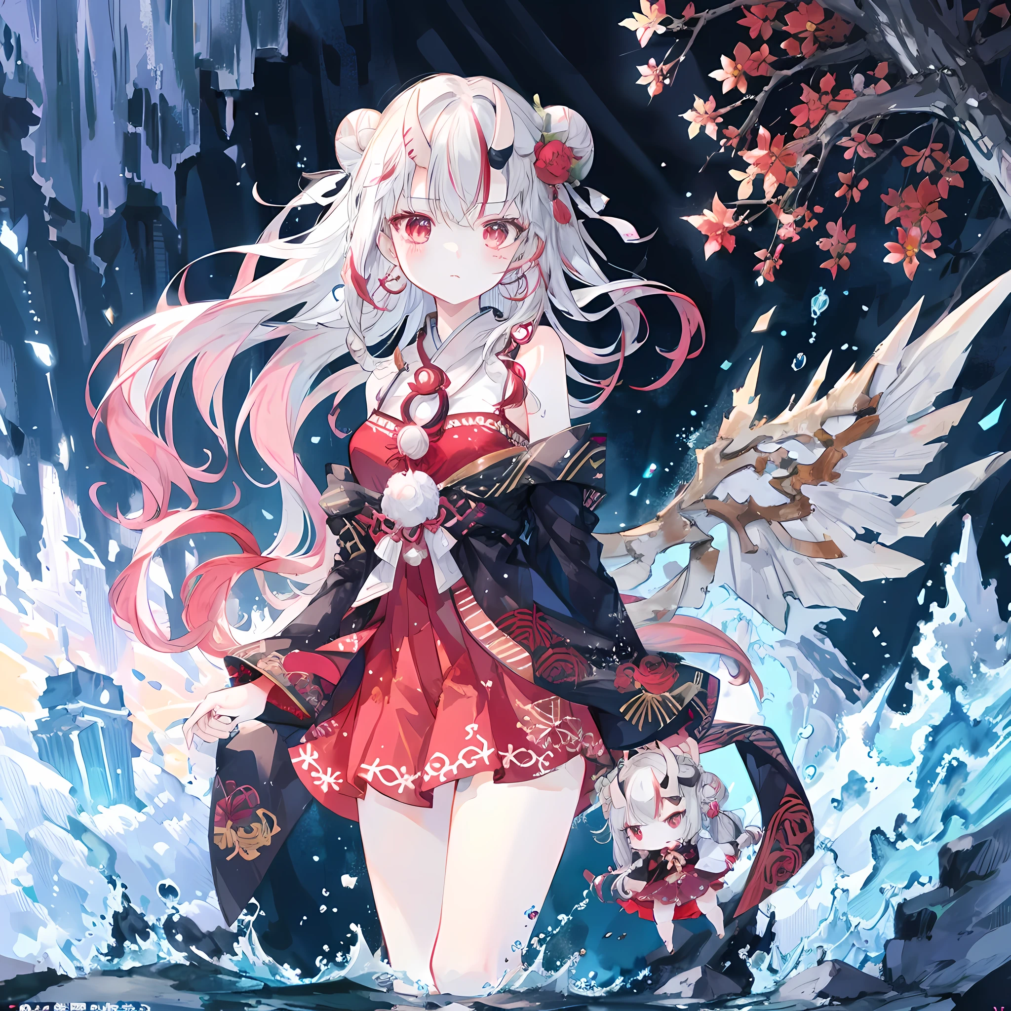 (masterpiece, best quality),  intricate details, 8k, art station, wallpaper, official art, splash art, sharp focus,
1 girl,  Kiri Ayame, (masterpiece)), ((best quality)), ((official art)), (extremely detailed CG unity 8k wallpaper), ((Very detailed)), ((illustration)), traditional Chinese painting,((Chinese style)),((a girl)), (single), gaze, Fairy,hair_decoration, earrings, jewelry, (very long hair), (messy_hair), bare shoulders, ribbon,hairs between Eye, beautiful detailed sky,whole body,close up,Put your arms behind your back,Taoist robe, thigh, high place, Foggy,chinadre,overexposure,[wet clothes],Moderate breast,alone,[toy doll],裸露thigh,incRedibly_ridiculous,strong angle ,pleated dress,Chinese style格建筑,single hair bun,white_hair,Red_Eye,squint,cold attitude,Eyehadow,Eyeliner,Eye visible through hair,no shoes,ribbon-trimmed sleeves,earrings,necklace,crown,Moderate_breast,Sunlight,reflected light,Ray tracing,Change,Phoenix crown and red robe,blush
