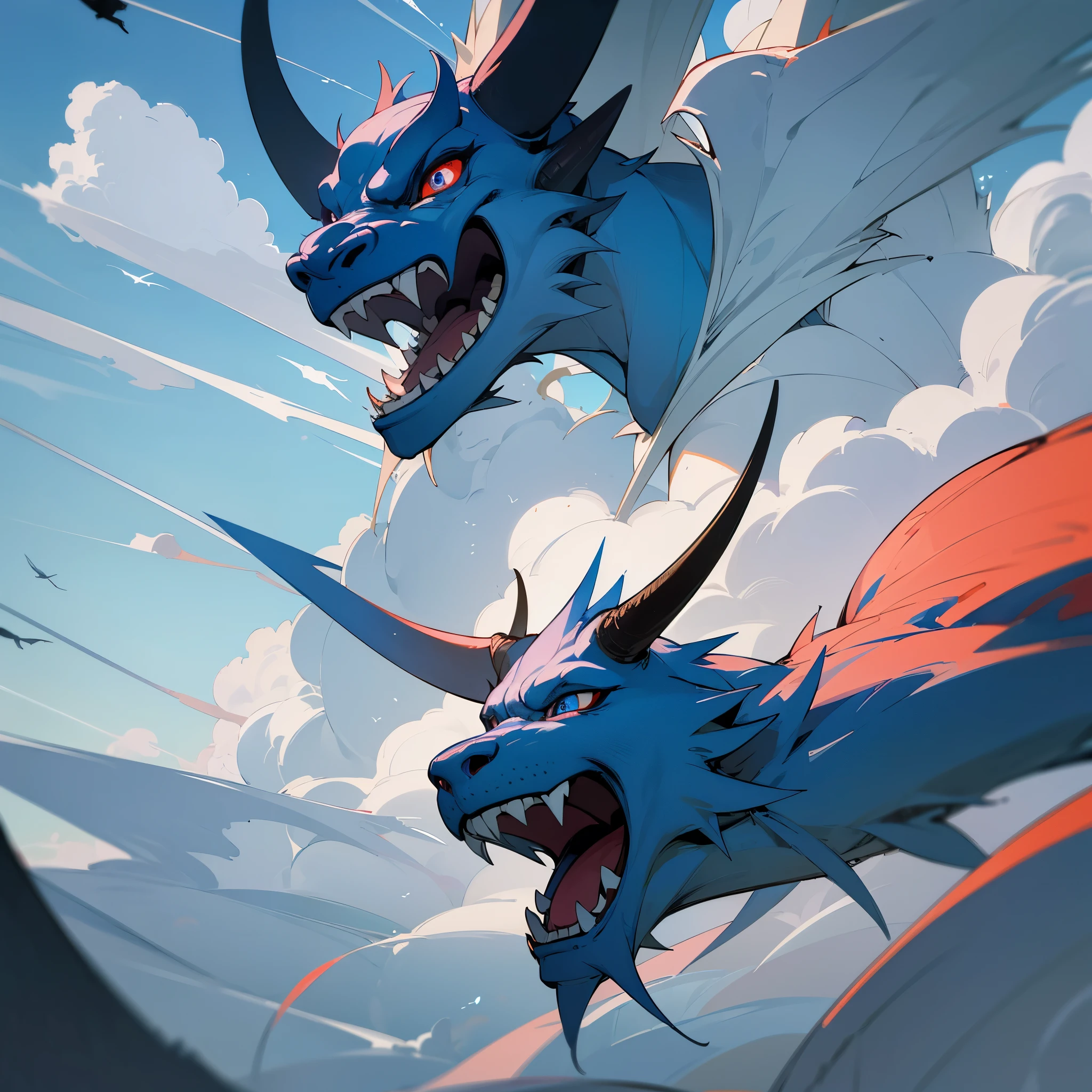 Best quality, masterpiece, ultra high res, nu no humans, (long:1.2),no humans, cloud, architecture, east asian architecture, Blue Eyes, horns, open mouth, sky, fangs, Blue eastern dragon, cloudy sky, teeth, flying, Wind, bird, wings, Cyberpunk Cityscape