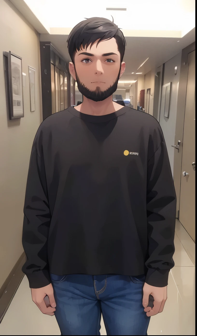 Boy with 5'8 height, black wair with side parted short hairstyle. And The short boxed beard. Perfect body, perfect anatomy, detailed face, perfect hands, perfect fingers. Perfect body proportions. HD, clear picture. Wearing Black shirt and blue jeans