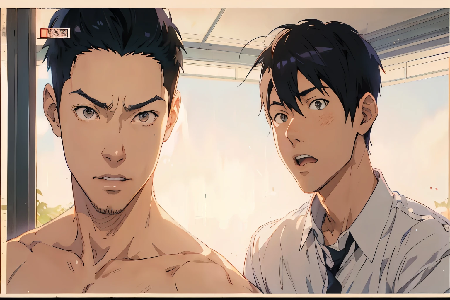 Anime characters are standing next to each other in a room, dos hombres guapos anime, akehiko inoue y ross tran, Makoto Shinkai y (cain kuga), Nick Silva e Ilya Kuvshinov, jin shan y ross tran, Yusuke Murata y Makoto Shinkai, gama murata y artgerm, Ross Tran y Makoto Shinkai