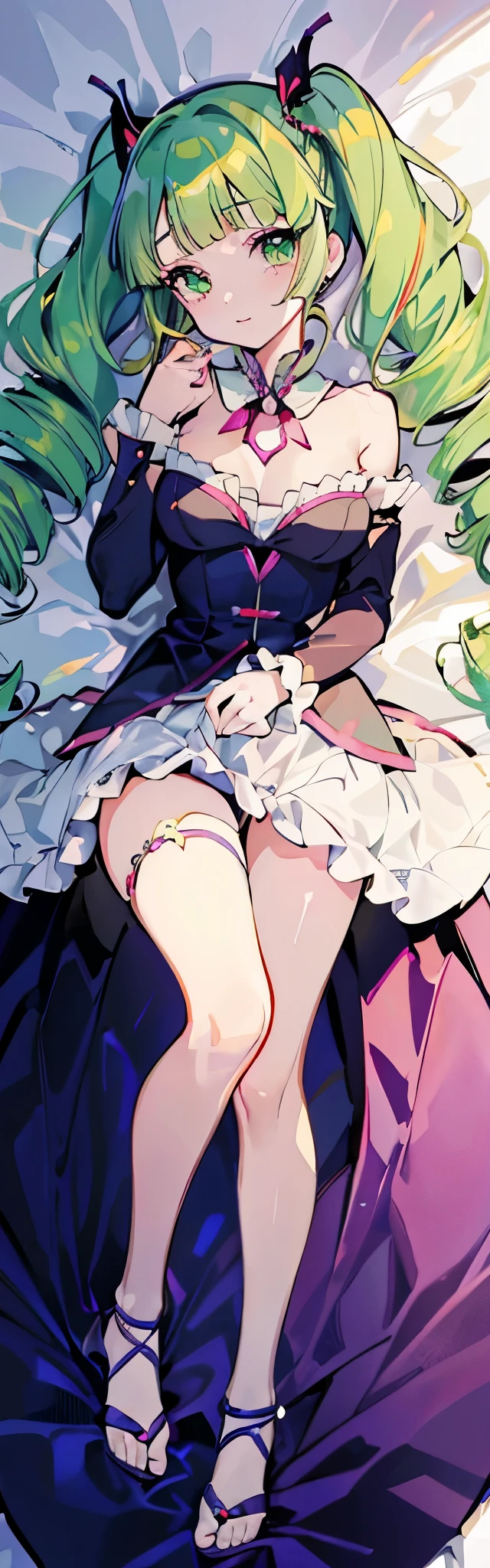 1 girl,(official art),((Yurika Todo)),(Aikatsu!), smile, butterfly hair ornaments, butterfly earrings, green eyes, No sleeve, red nails, (masterpiece, highest quality, highest quality, official art, beautiful and aesthetic: 1.2), (light green hair, twin drill,twin tails),(((((blunt bangs))))),4K, hyper hd, white skin, baroque, Gothic Lolita, race, frills,elegant, Smooth anime CG art, movie lighting, vampire, bat wings, lure,((full body illumination,on the bed、On your back、lying down、beautiful girl))