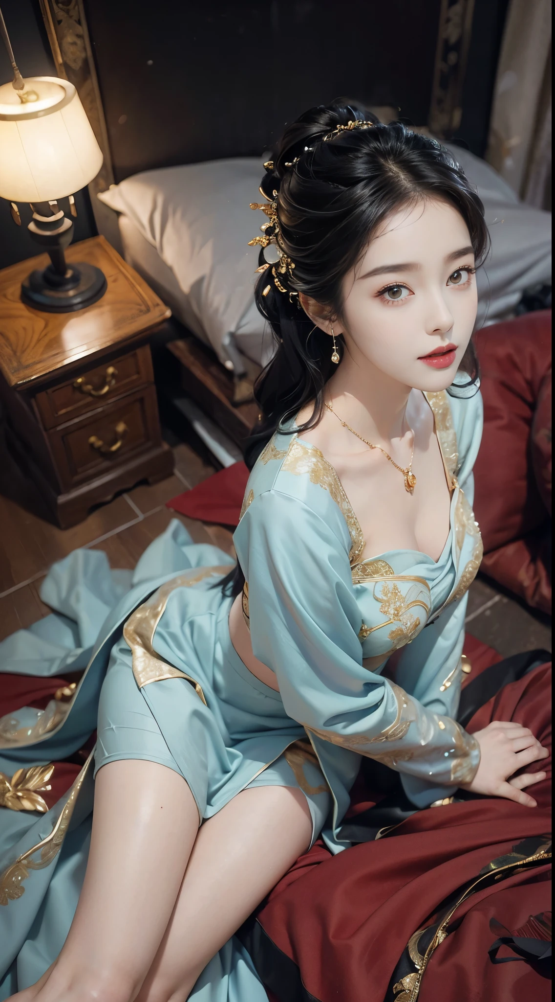 hanfu-song, hanfu, song theme, bandeau, tube top, fashion girl, liuyifei,masterpiece,best quality,official art,极其细致的CG统一8kwallpaper, ((full body)),((bare shoulders)), ((Very short skirt)), (high dynamic range:1.4), (cinematic), (pastel colors, dull color, soothing tone:1.3), (natural skin texture, Surrealism, soft light lighting, sharp),(The content is very detailed), professional lighting, radio city,((1个Giant Breast Girl，20 years old)), In the bedroom， cold light，best quality, many details, masterpiece, Super detailed, Enlightenment, Extremely delicate and beautiful girl, Beautiful and delicate eyes,8K_wallpaper,Beautiful and delicate girl, looking at the audience, messy hair, Big breasts, ((focus on breasts)),reclining on the sofa，Smile，sweet smile