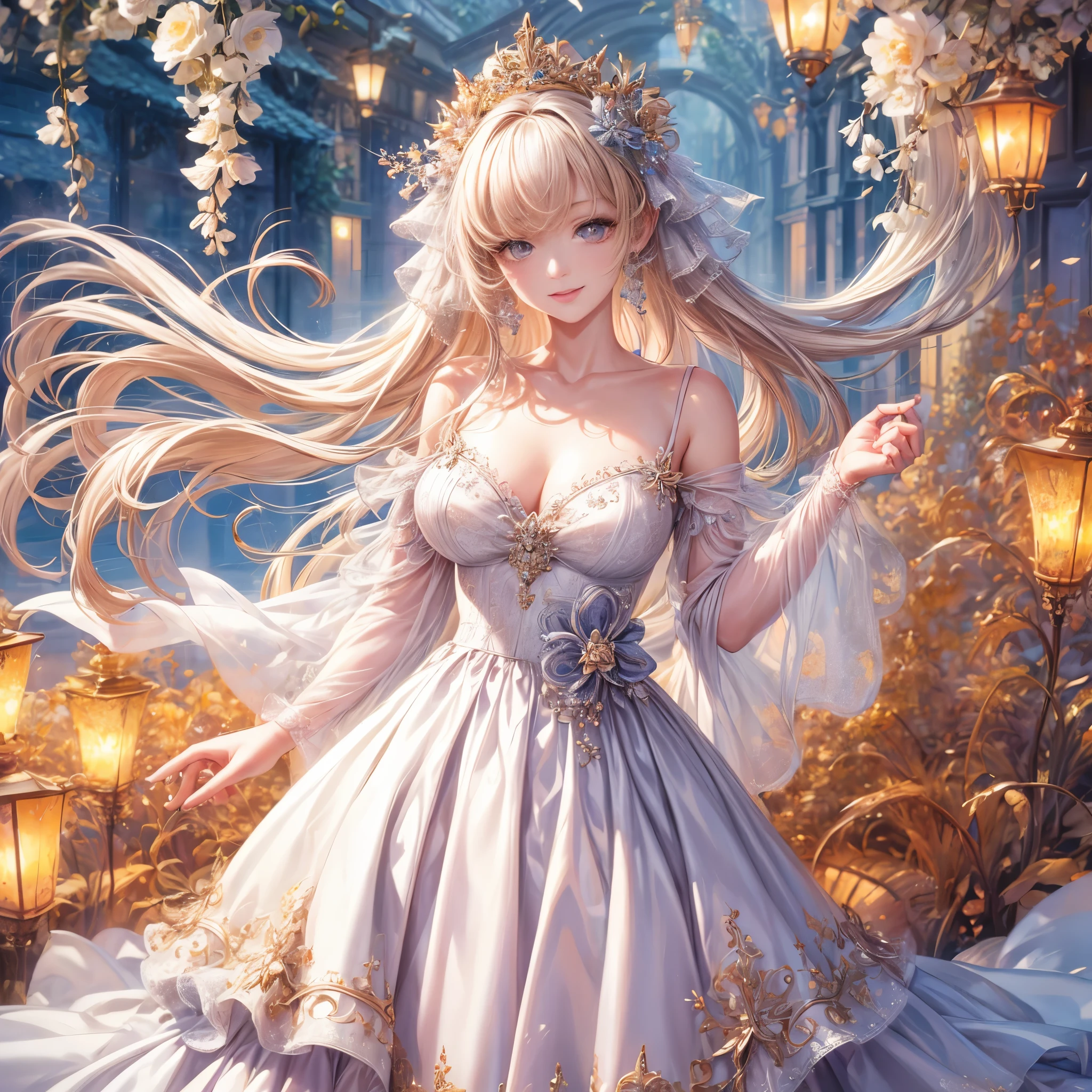 (best quality:1.4),(masterpiece:1.4),ultra-detailed,8K,CG,exquisite,upper body,smile,thumb girl,little princess,flowy court dress,garden background,detailed facial features,long curly hair,almond eyes,delicate eye makeup,long fluttering eyelashes,sparkling starry eyes,and a gaze like a star, intricate lip details,soft and harmonious style.