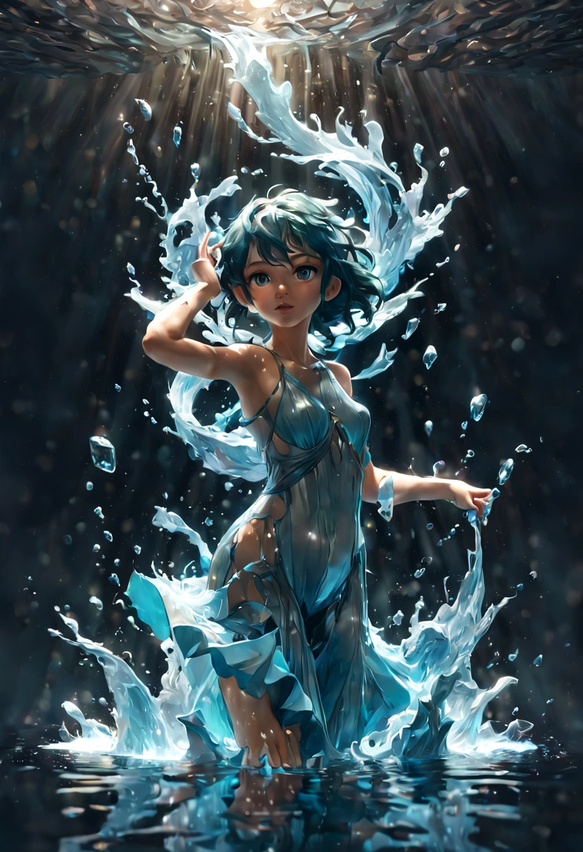 1girl, Features a girl figure made of water, water statue, water hair, water elemental girl, undine, water reflections, water flow, crystal wet body. Reimagined by industrial light and magic with 4k resolution post-processing. Also includes references to Pixar, Disney, Studio Ghibli, and Anime Key Visual styles. Uses natural lighting and beautiful composition. Hyper-realistic water effects with transparent and glass-like features. Incorporates neo-impressionism and post-impressionism painting styles with textured layers of paint. 8k resolution concept art by Greg Rutkowski, Artgerm, WLOP, Alphonse Mucha with dynamic lighting and intricate details. Splash art trending on Artstation with Unreal Engine 5 volumetric lighting. 