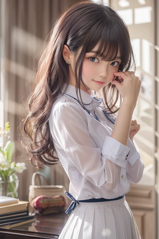 (upper body) , masterpiece , top quality , very detailed , 1 person, (contrasting eyes) , standing , blouse, skirt , bangs , room , indoor