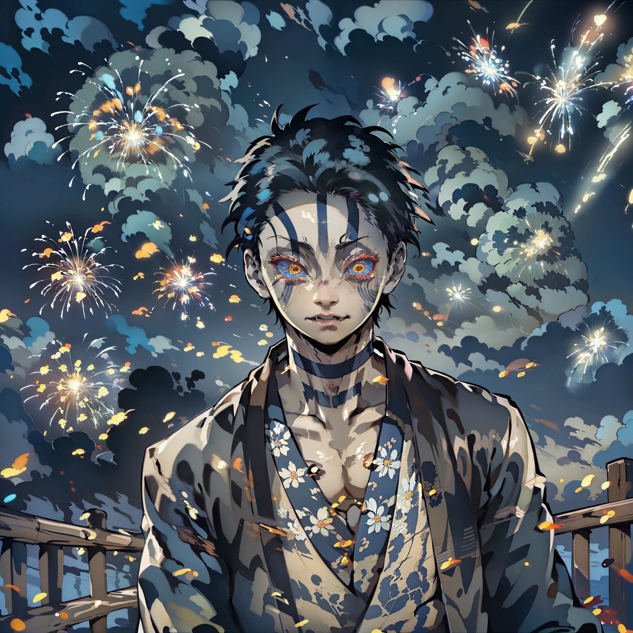 (masterpiece, best quality:1.2), kimetsu no yaiba style, akaza, (1boy, solo:1.1), 20years old, upper body, line tattoo on face and body, (crying, tears:1.1), shouting loudly, (looking at viewer, open arms for viewer), oriental old style wooden bridge, fireworks on the night sky