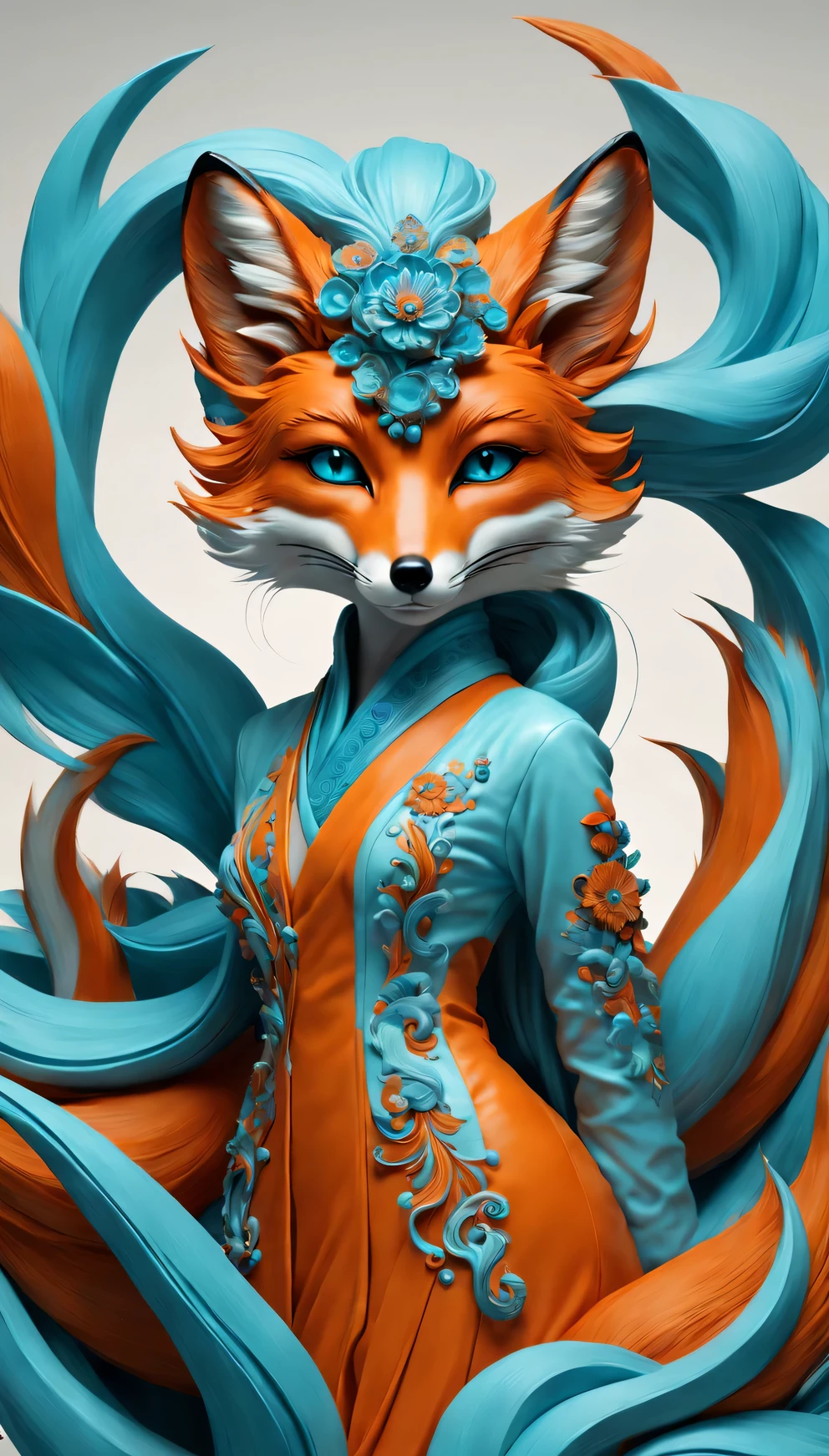 Orange and blue fashion painting, Zbrush style, East, Soft realism, surreal details, turquoise and sky blue, Wrapped in a nine-tailed demon fox, - Rainbow 5-s 50-ar 9:16-Chaos 5