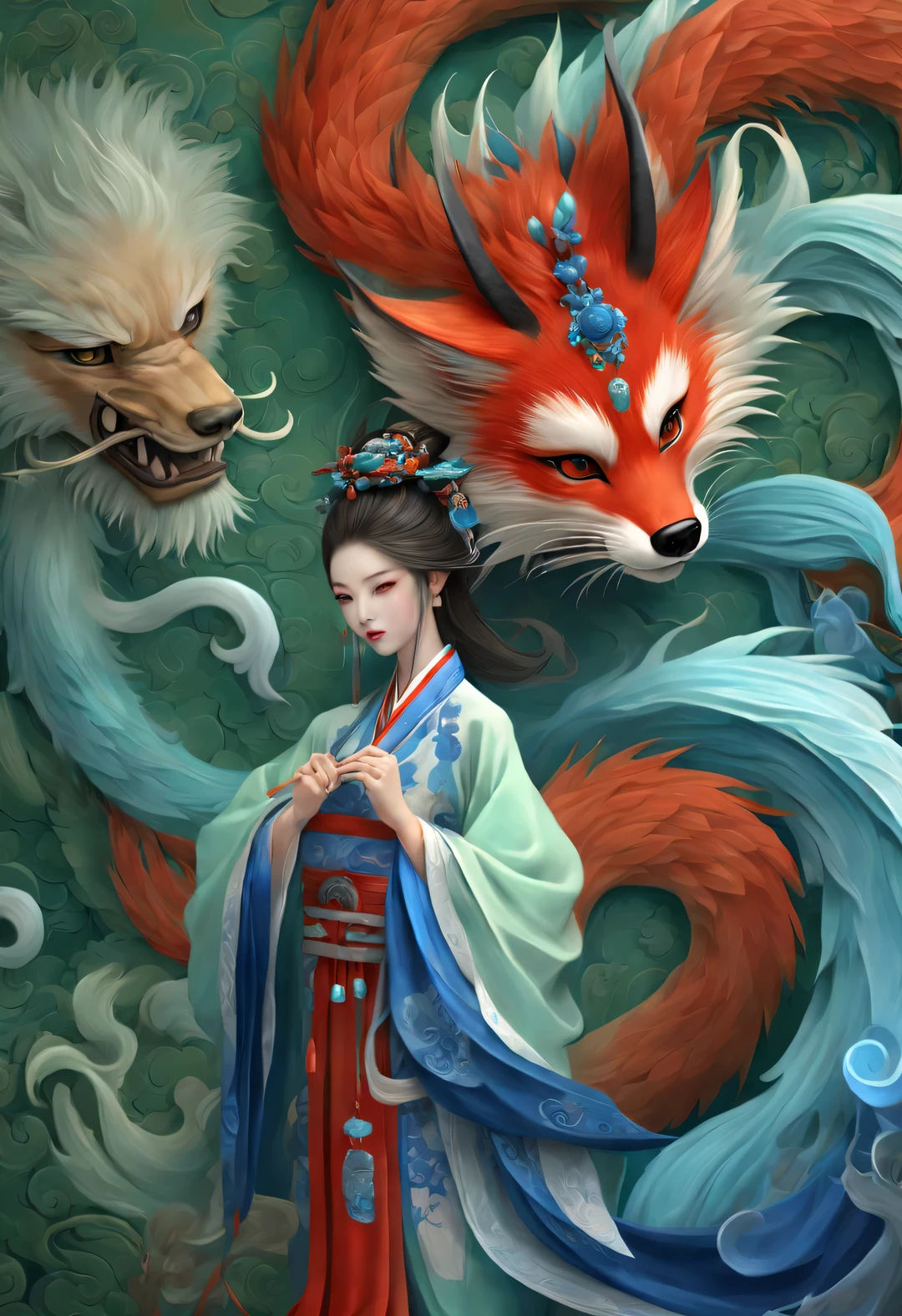 scenography, role conception, a white fox with blue eyes in ancient Chinese mythology, There are nine red tails spreading wildly below (All aside), standing posture, dynamic poses, (The nine huge red tails that protrude from the fox&#39;s waist down), (blue eyes), With clear fox claws, Mysterious legends, Chinese mythology, Ancient divine beasts, and Chinese Classic of Mountains and Seas, concept art, illustration, 8k, Smooth, clear focus, fantasy, Epic visual effects,